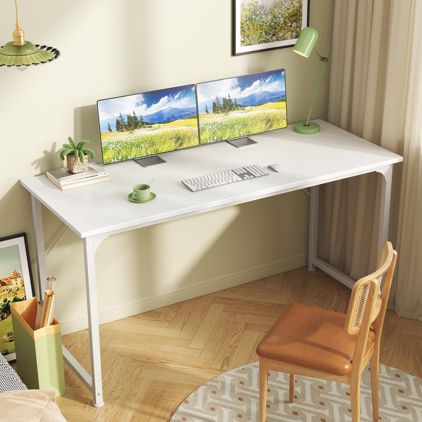 Huuger Computer Desk, 55 Inch Home Office Desk, Gaming Writing Work from Home Study Desk, Large Legroom, Sturdy Metal Frame, Modern Simple, White