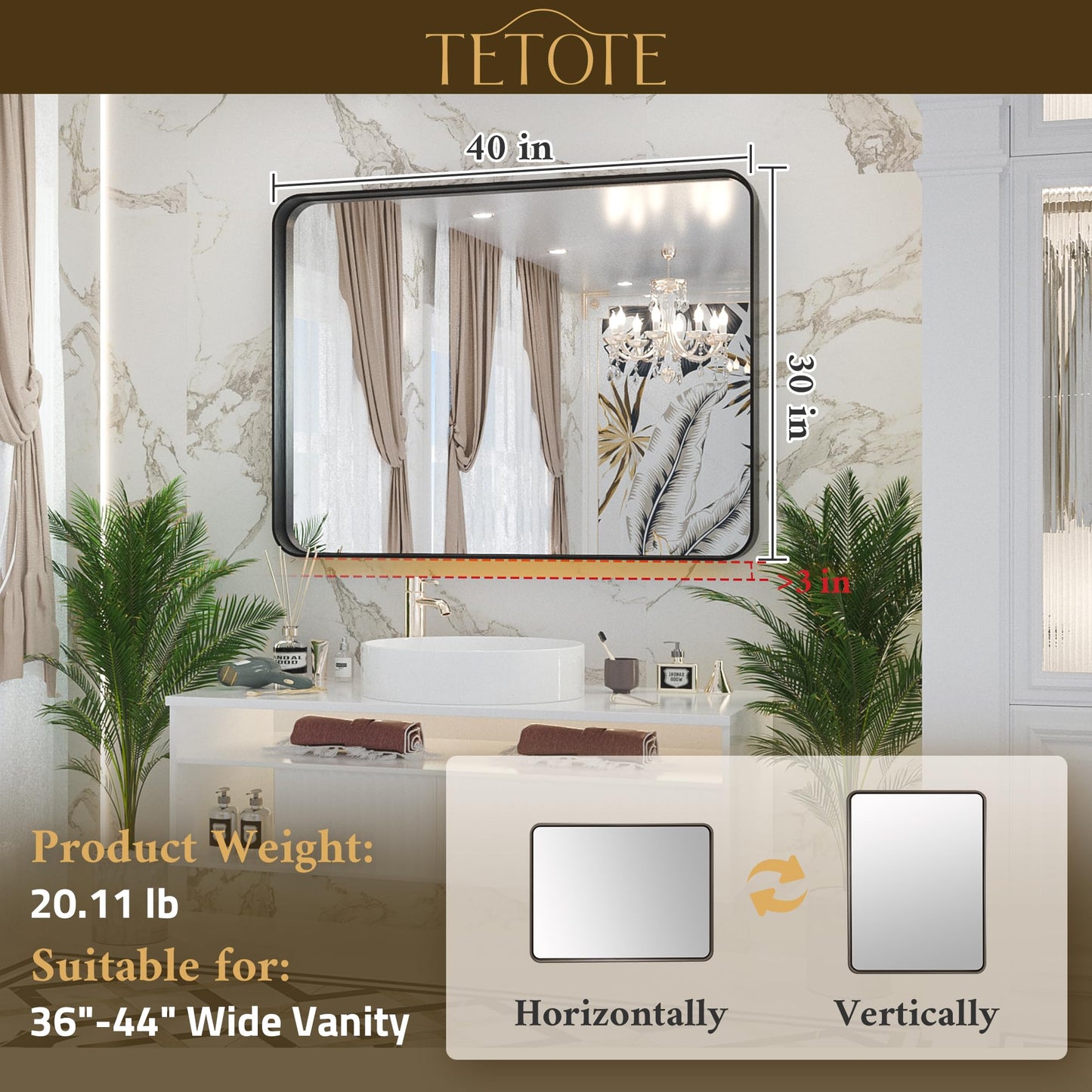 TETOTE 40 x 30 White Frame Mirror for Bathroom Metal Frame Wall Mounted Rectangle Mirror for Vanity with Sandy Textured Surface(Horizontal/Vertical)