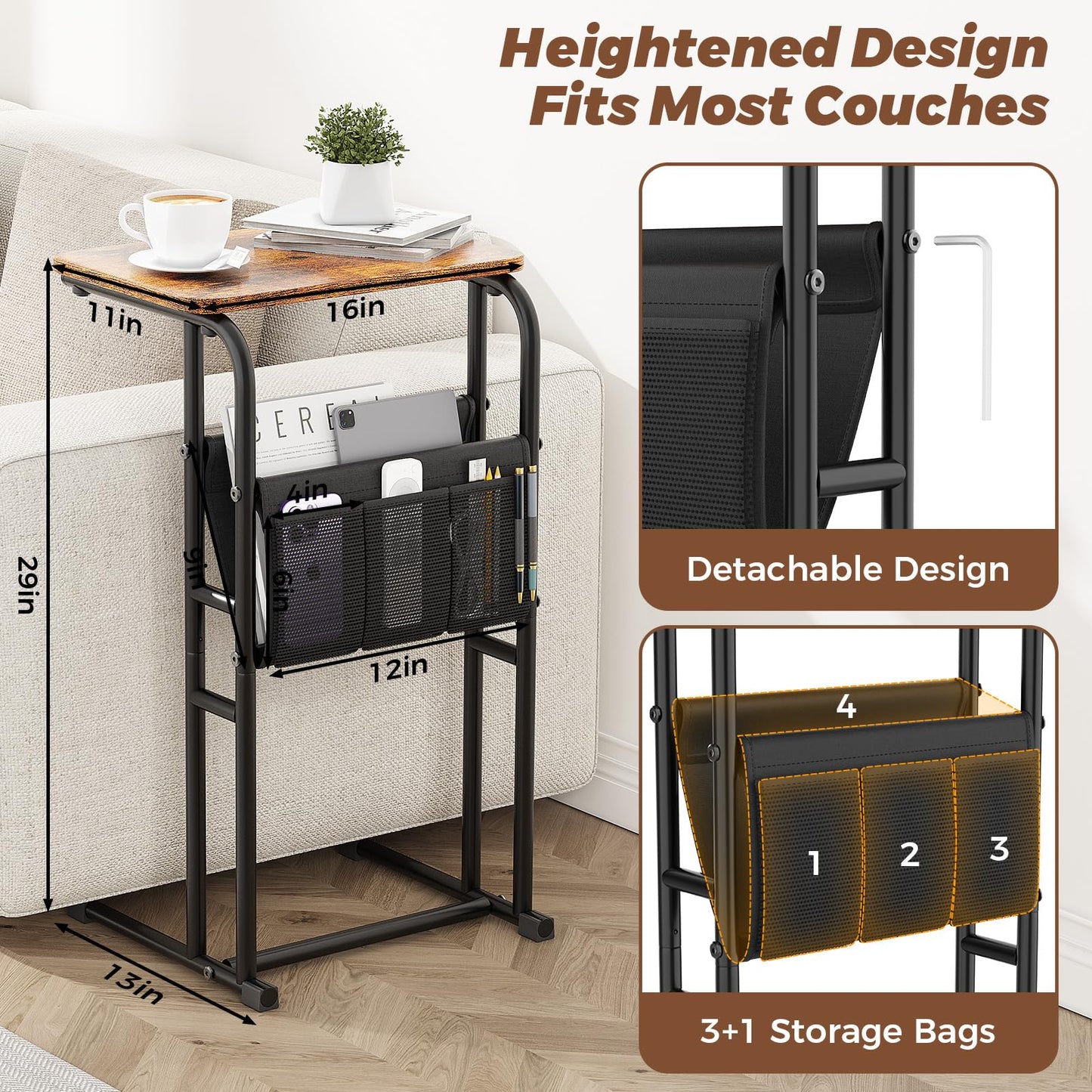 Olldide C-Shaped End Table with Storage Bag, Slide Under Couch Sofa Side Table, Metal Frame for Living Room, Bedroom, Bedside, Small Space (Rustic Brown)