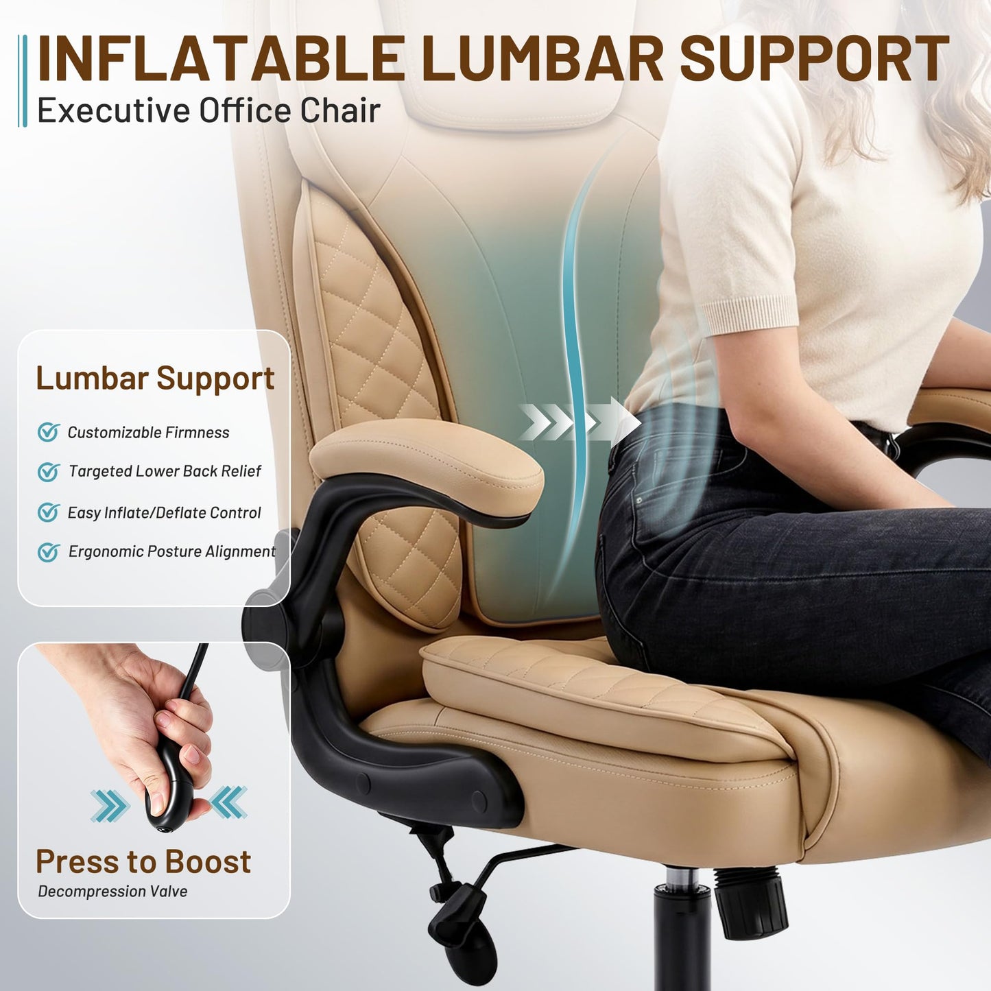 Hayelf Ergonomic Office Chair, PU Leather High Back Executive Chair with Adjustable Inflatable Lumbar Support and Padded Flip-Up Arms, Recline Swivel Task Computer Chair for Home Office, Khaki