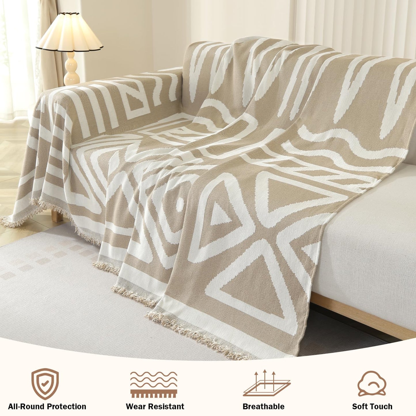 OstepDecor Boho Sectional Couch Covers 2 Pieces, L Shaped Sofa Cover, Chenille Couch Cover for Dogs Washable, Couch Cover Blanket, Sofa Slipcover for 2-3 Cushion Couch (71"x102"+71"x118", Khaki)