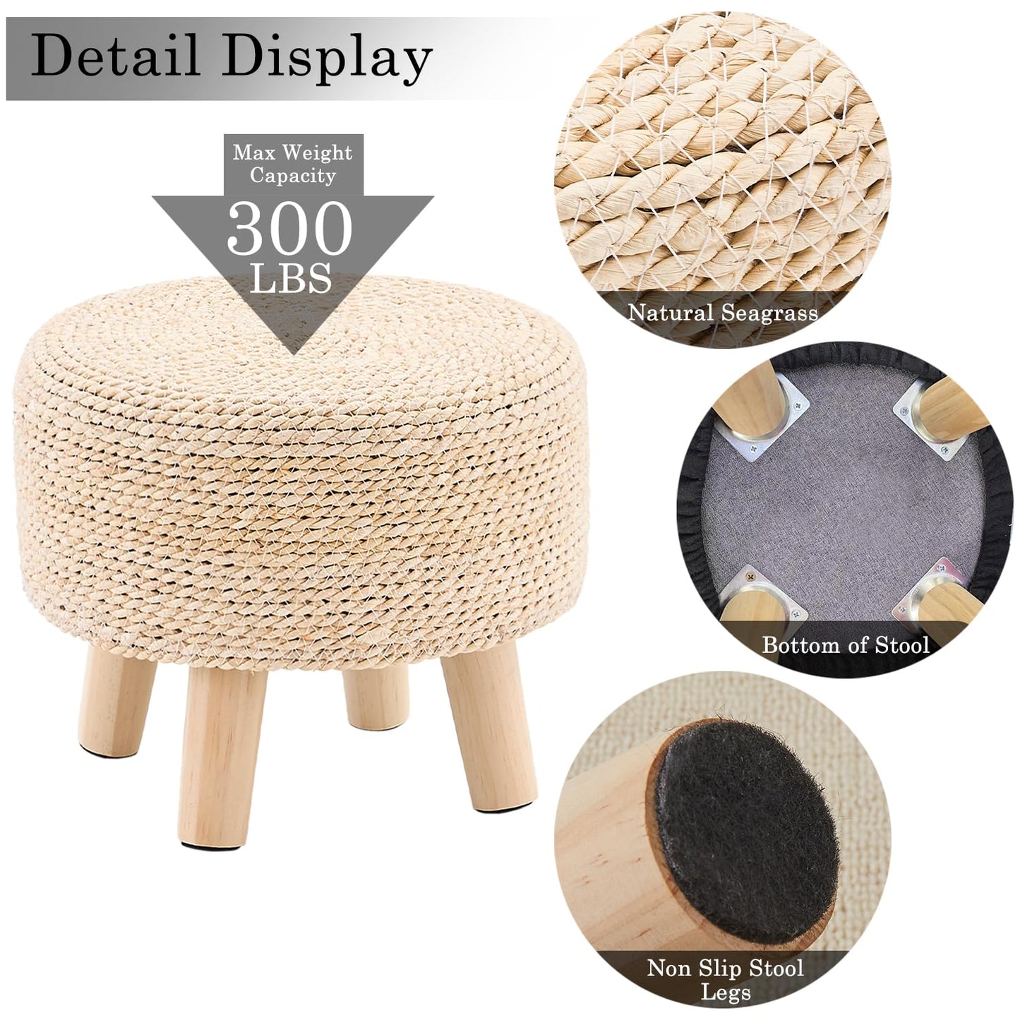 Cpintltr Ottoman Natural Seagrass Footrest Poufs Hand Weave Round Foot Stool for Couch Desk Soft Step Stool Padded Foot Rest with Pine Legs for Living Room Bedroom (Natural White)