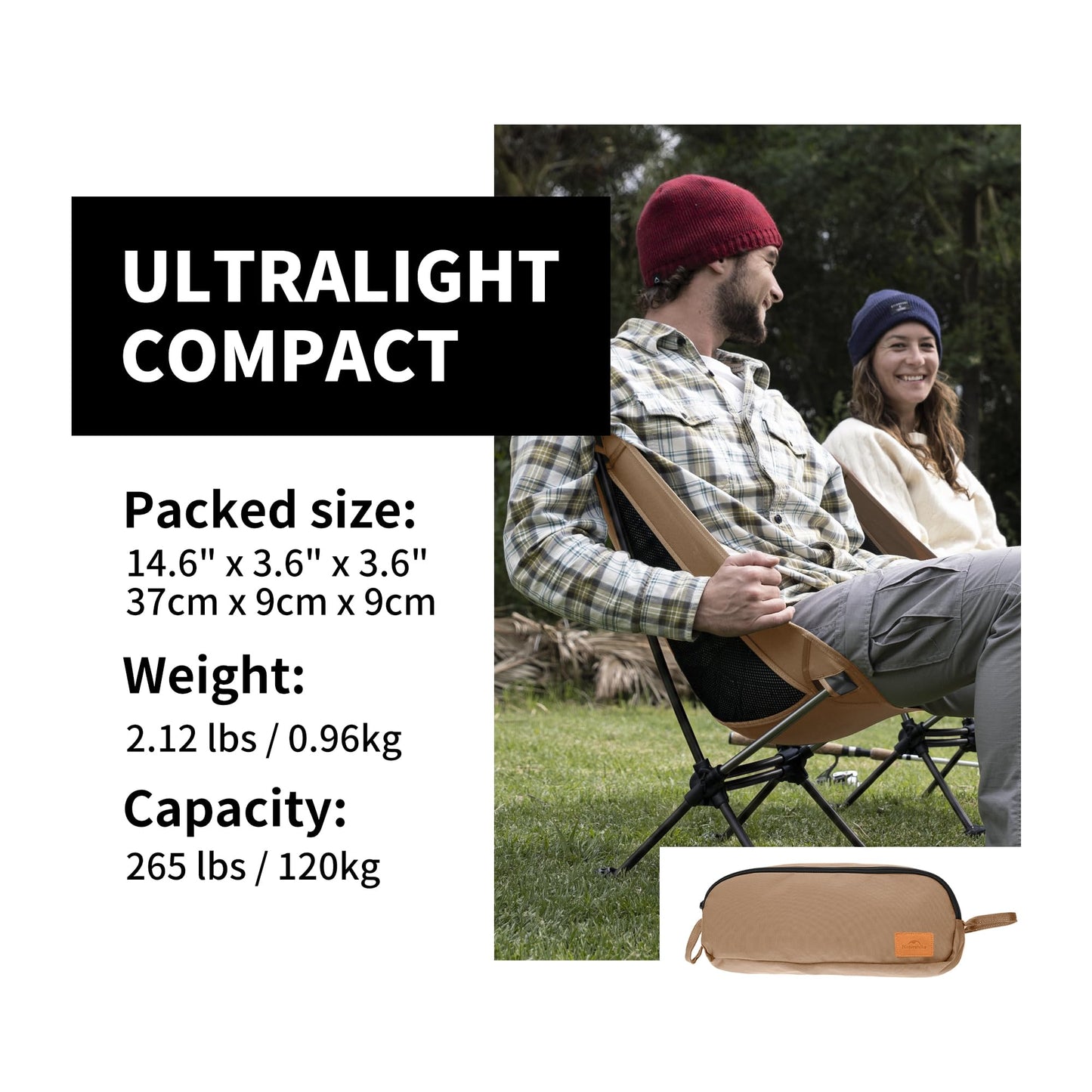 Naturehike YL08 Ultralight Camping Chair, 2.38 LBS Portable Backpacking Chair with Anti-Sinking Feet, Lightweight Compact Folding Hiking Camp Chair