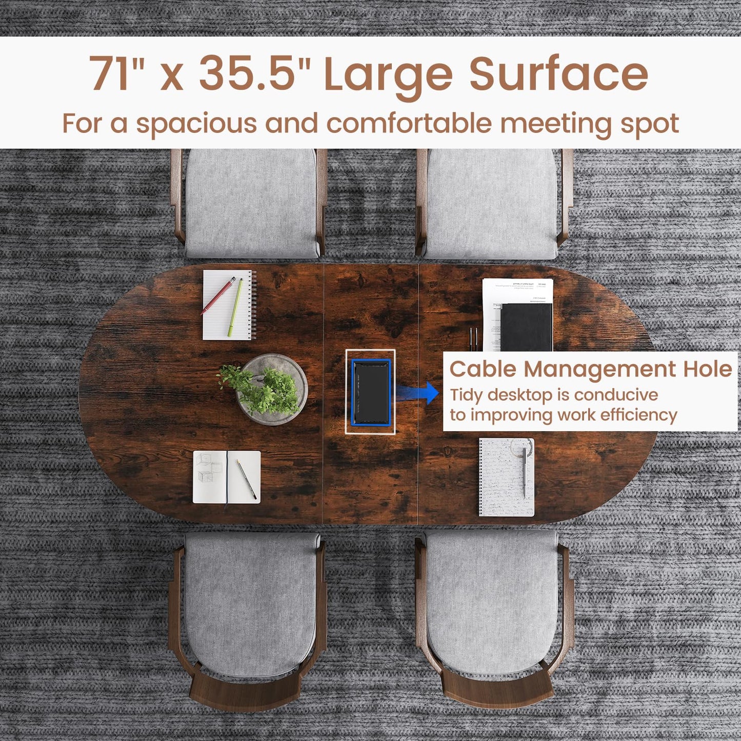 GOFLAME 71 Inches Executive Table, Oval Home Office Table with Cable Management Hole & Metal Frame, Seminar, Conference Table for 10 People, Large Business Furniture for Meeting Room