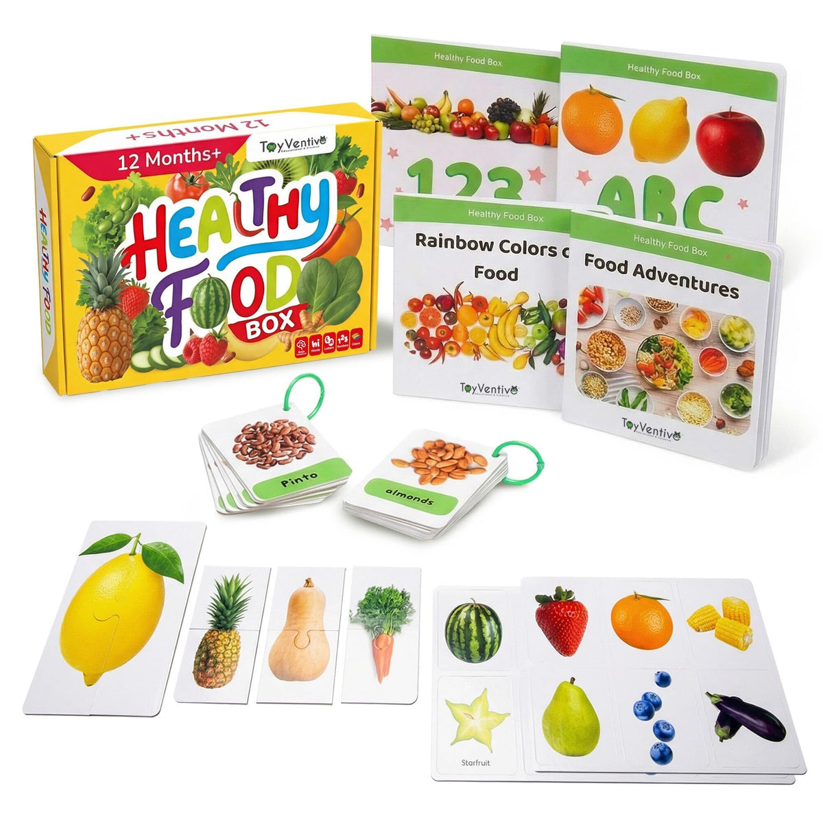TOYVENTIVE Preschool Learning Activities – Montessori Toddler Toys with Educational Flashcards, Matching Games and Food-Themed Activity Cards for Early Skills, Visual Recognition – Ages 1 & 2