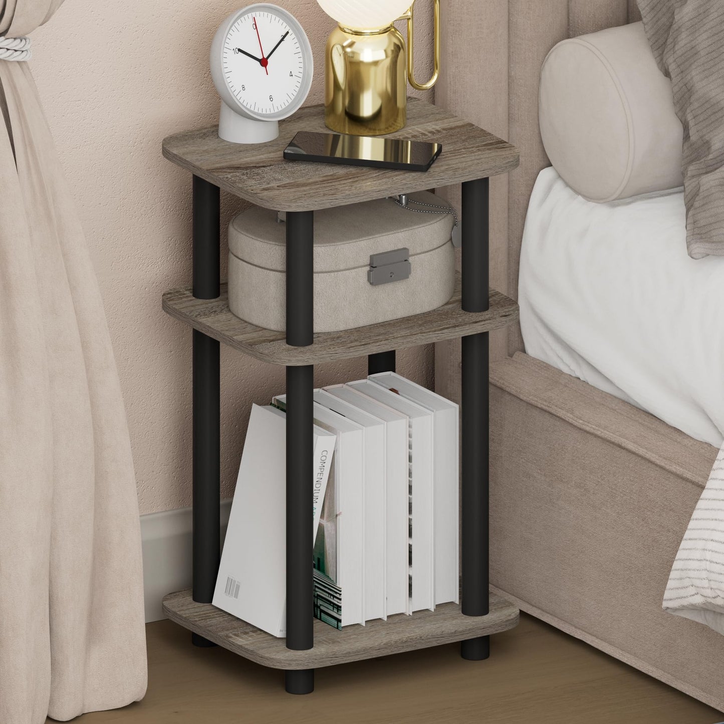 Furinno JUST Night Stand, 3-Tier Turn-N-Tube Nightstand with Open Shelf, Round Curve Corner Side Table, End Table, Easy Assembly, for Living Room, Bedroom, French Oak