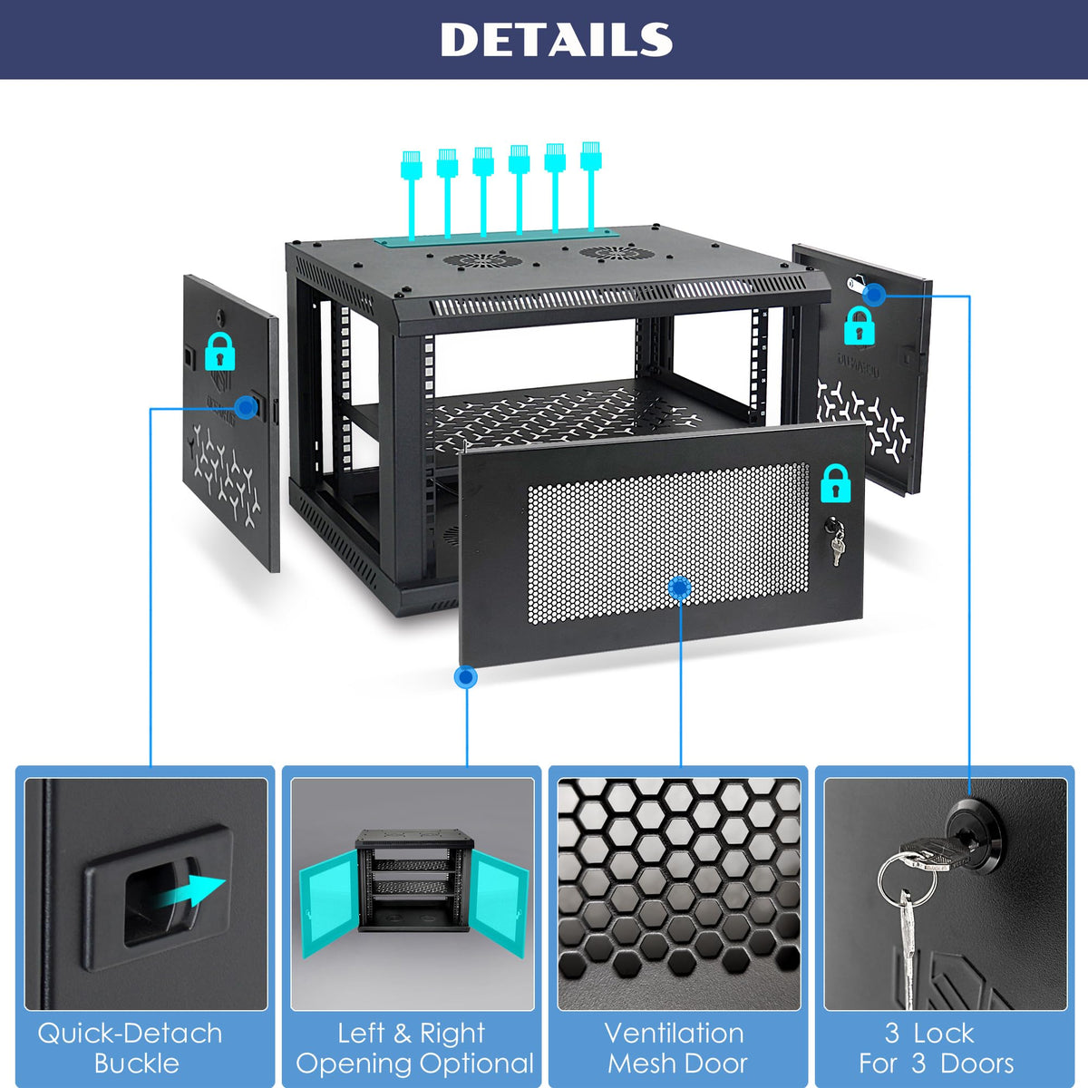 OCEANHUG 12U Wall Mount Server Cabinet with A Lockable Front Vented Door, Cooling Fans, Removable Side Panels - 60cm Depth, 19" Network Rack Including 2 PCS Full-Size Rack Shelves for IT Equipment