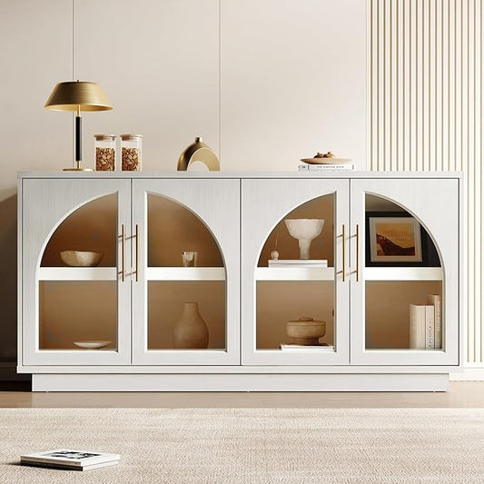 Fatmok 59" Buffet Cabinet with Glass Doors, Modern Arched Sideboard with Large
