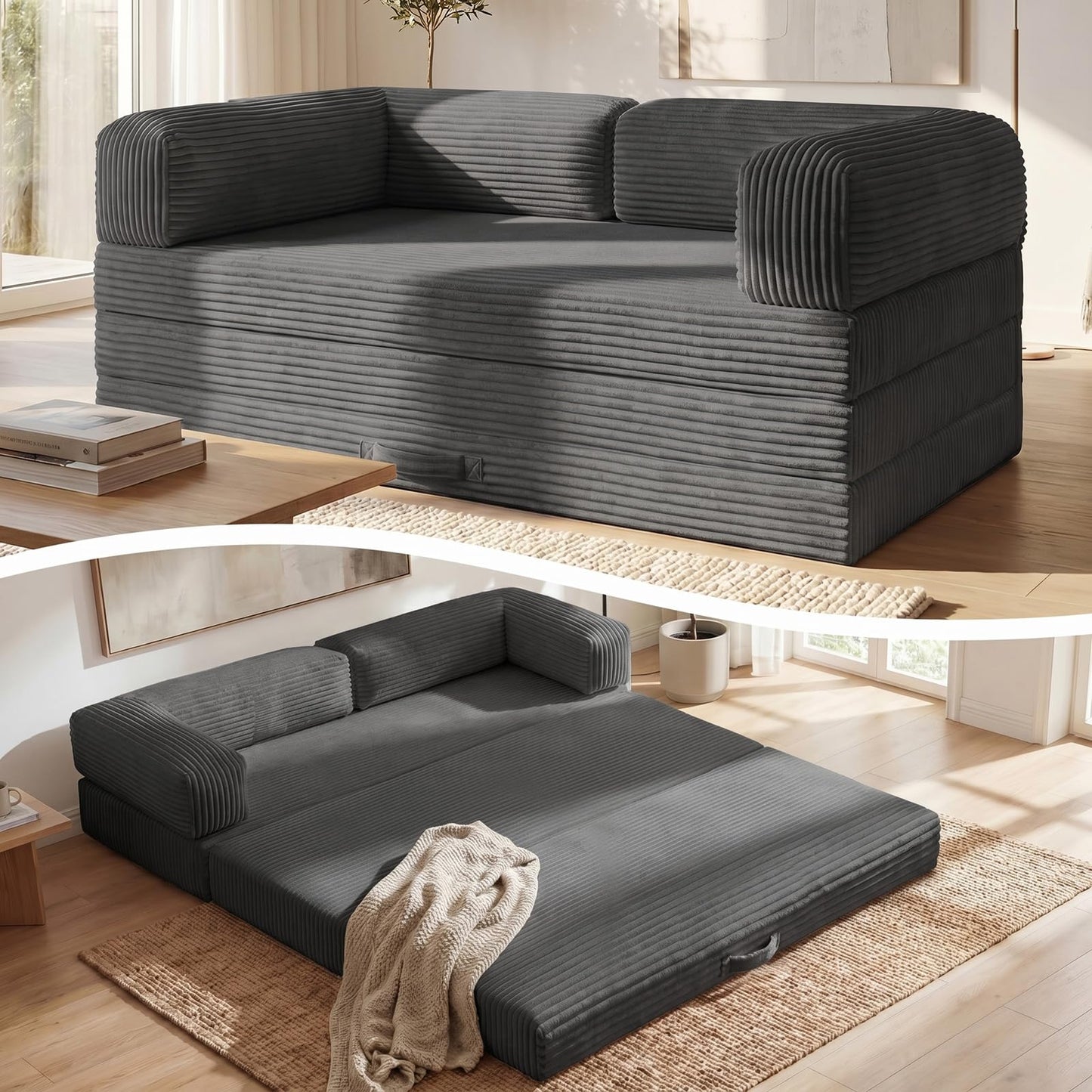 Erament Futon Sofa Bed Queen, Convertible Tri Folding Mattress Couch Bed Foldable with Removable Armrests & Washable Cover, Floor Mattress with High-Density Foam, Small Couch Bed, Queen, Grey