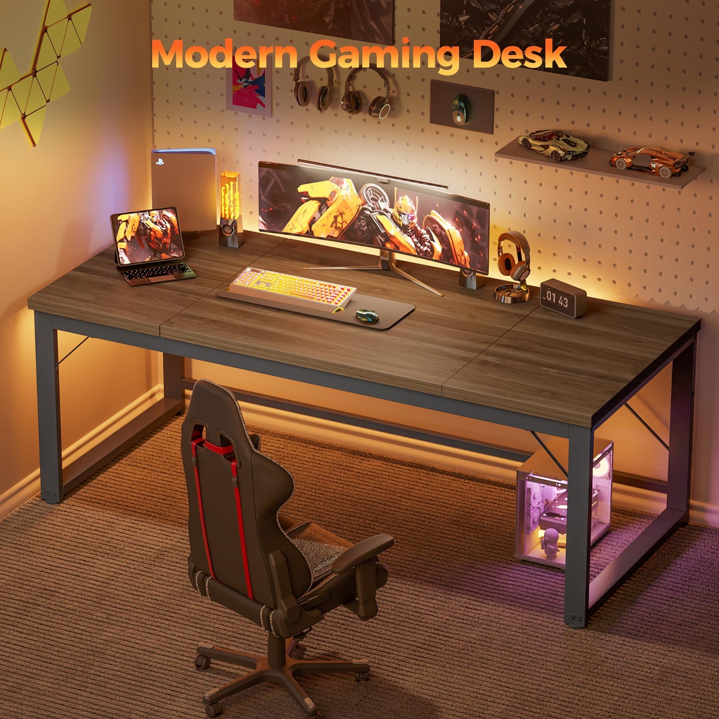 Mericonia 63 Inch Large Computer Desk, 1" Thick Heavy Duty Industrial Office Desk, Modern Simple Study Writing Table for Home Office Bedroom Workstation, Walnut