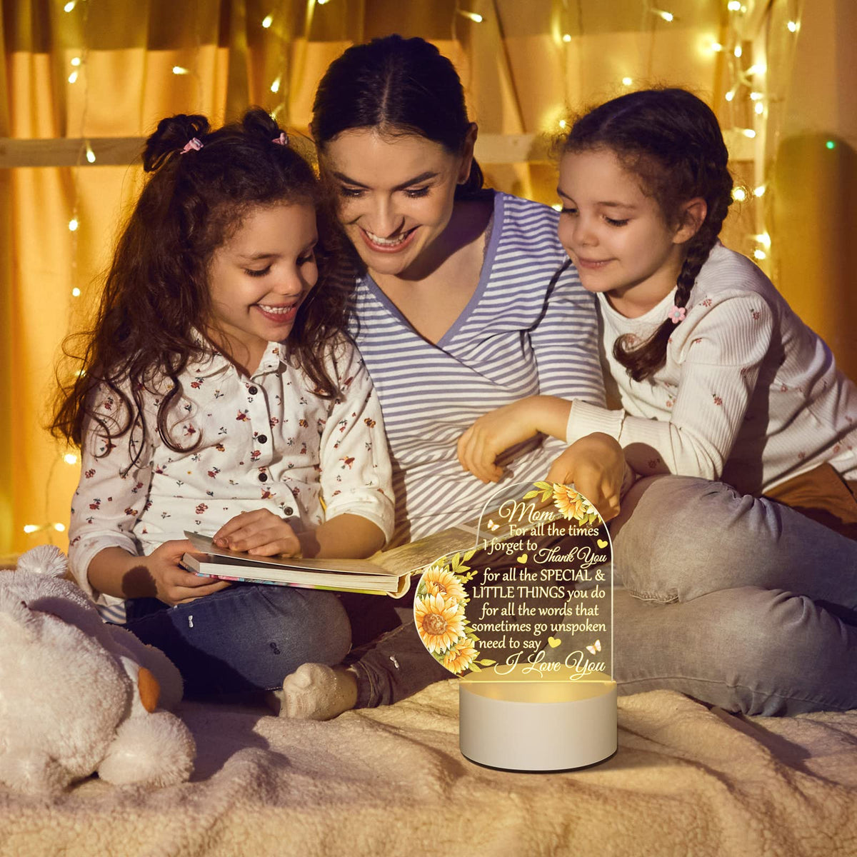 Jetec Mothers Day Birthday Gifts from Daughter Son Christmas Thank You Gift for Mom Sunflower Engraved Acrylic Heart Lamps USB Low Power Night Light Table Decor(Mom for All the Times)