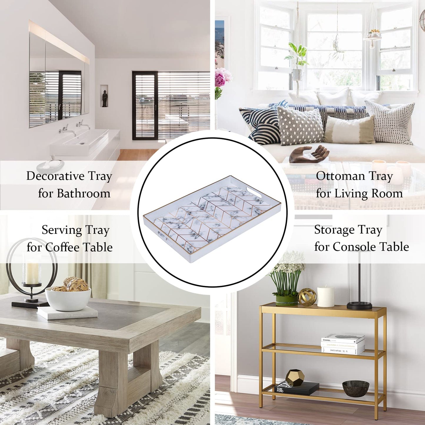 MAONAME Rectangular Decorative Tray, Modern White Serving Tray with Handles, Marbling Plastic Trays for Ottoman, Coffee Table Trays for Living Room, Home Decor, 15.8" x 10.2" x 1.4"