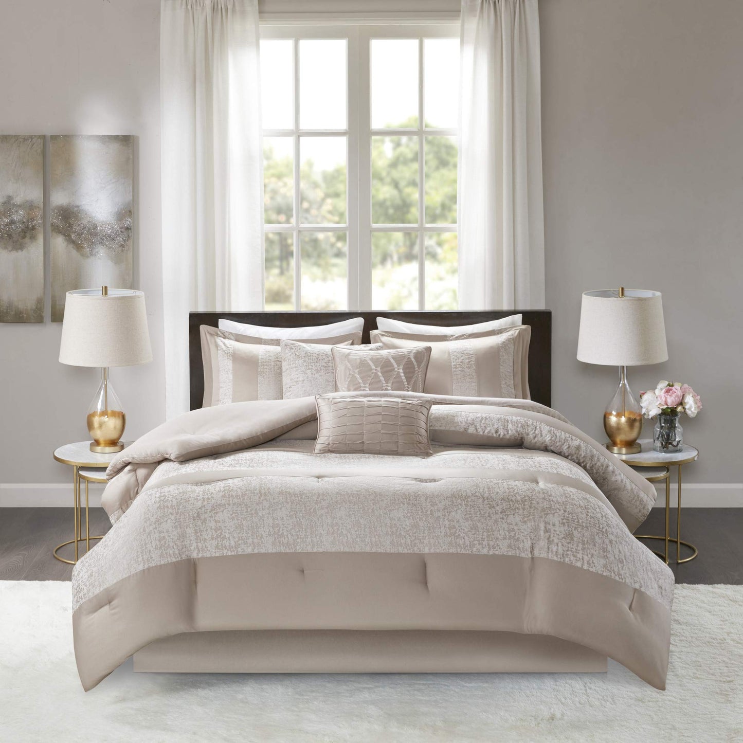 Madison Park Luxury Comforter Set-Traditional Jacquard Design All Season Down Alternative Bedding, Matching Bedskirt, Decorative Pillows, King(104"x92"), Ava, Pieced Taupe 7 Piece