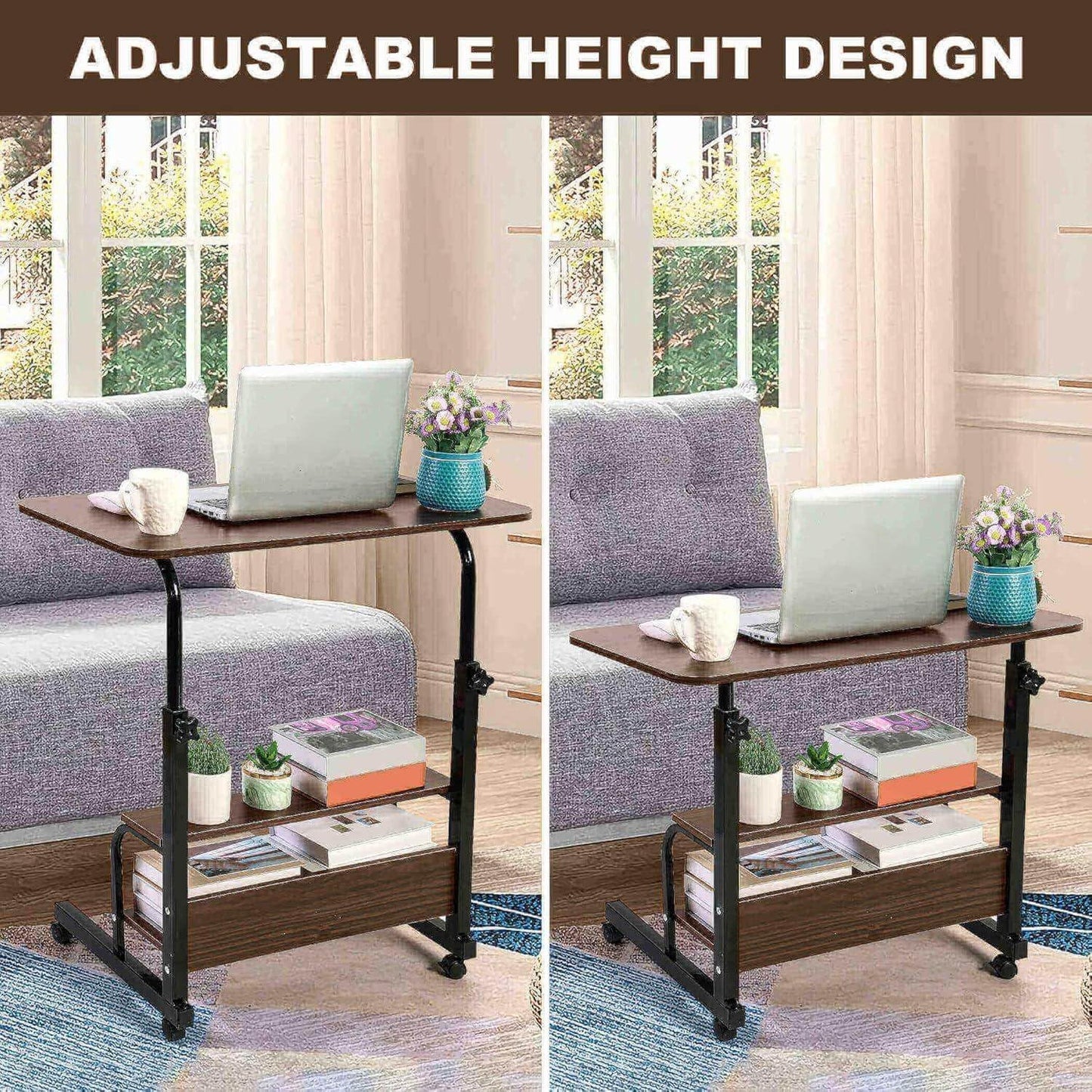 Dekhaoxe Adjustable Table Student Computer Desk Portable Home Office Furniture Small Spaces Sofa Bedroom Bedside Learn Play Game Desk on Wheels Movable with Storage Size 31.5 * 15.7 Inch Brown A