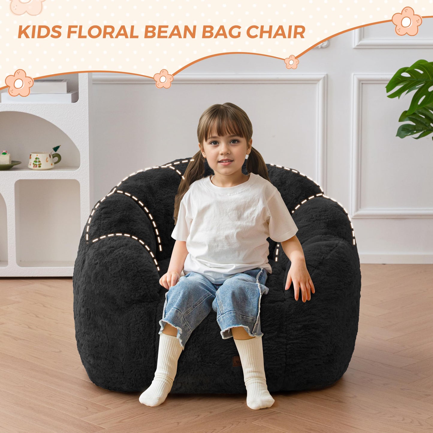 MAXYOYO Kids Bean Bag Chair, Floral Shaped Bean Bag Sofa, Plush Faux Fur Toddler Couch with Petal Backrest for Boys Girls, Stuffed Cozy Sofa for Nursery, Bedroom, Black