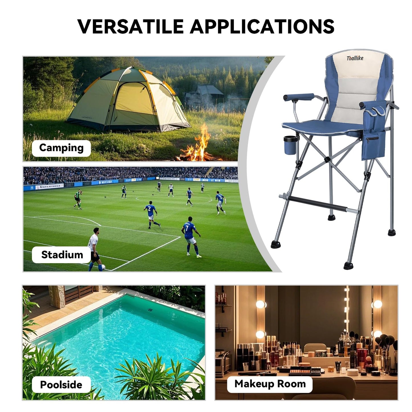 Thallike Foldable Directors Makeup Salon High Chair - Portable Camping Bar Height Folding Photoshoot Chairs with Stroage Bag Cup Holder Non-Slip Footrest, Supports 400 lbs Blue Tall Director Chair