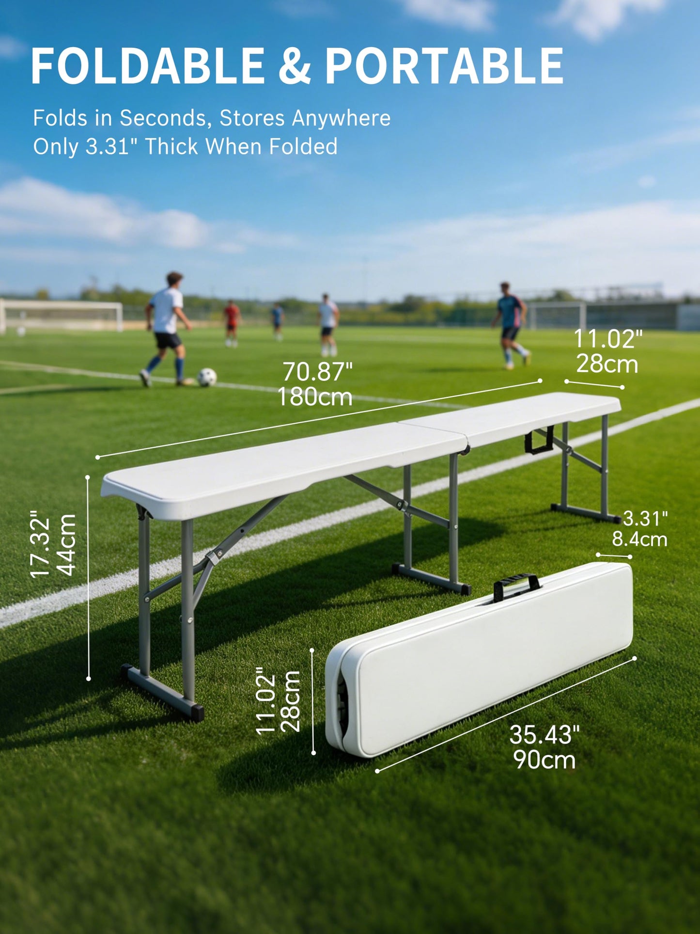 CHRONELLE 6FT Folding Outdoor Bench (2 Pack), Heavy Duty Portable Plastic Bench for Dining Table, Patio, Garden & Soccer Sideline, White Foldable Seat for Adults, Easy to Store & Carry