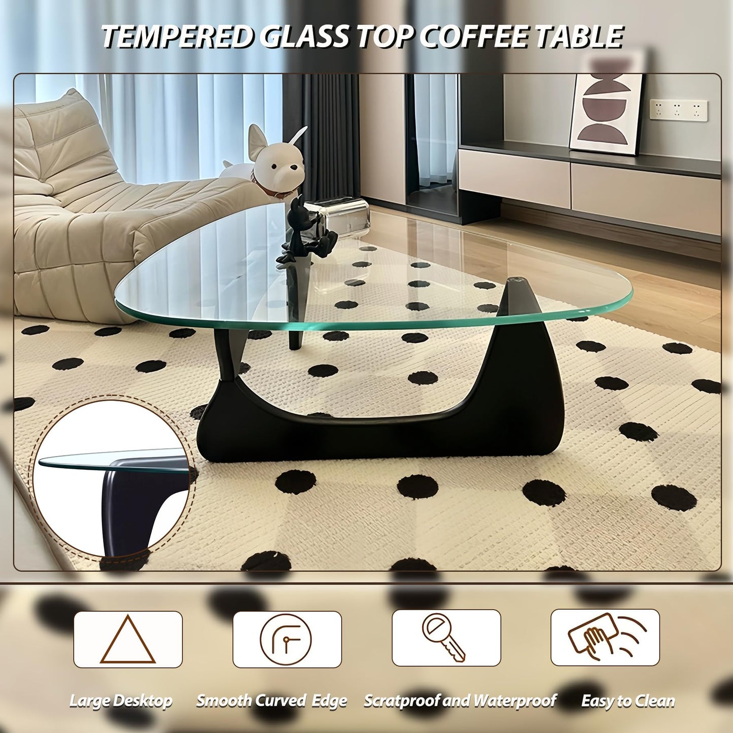 Black Modern Glass Coffee Table, Unique Triangle Coffee Table for Living Room, Tempered Glass Top + Wooden Base, Abstract Contemporary Center Tables for Home Office Bedroom