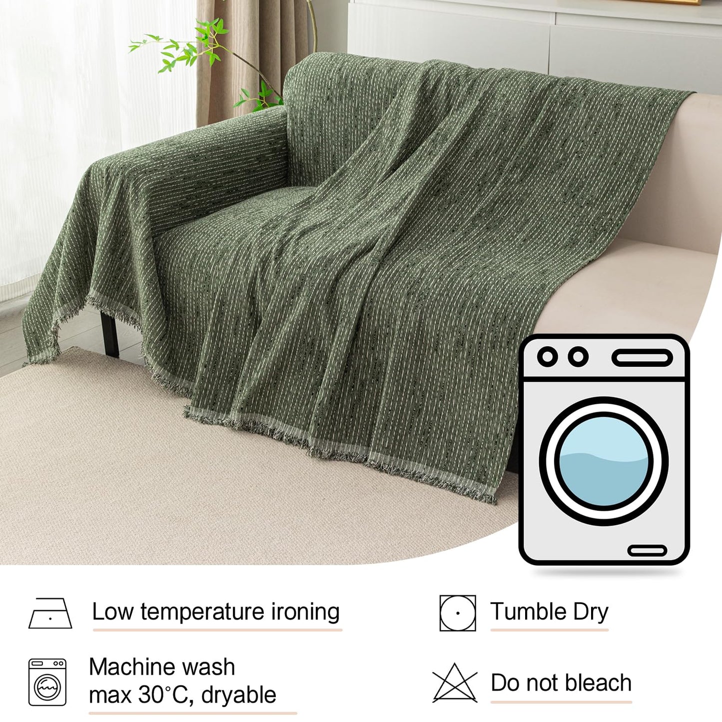 MYSKY HOME Boho Couch Cover Moss Green Sofa Covers with Tassel Farmhouse Sofa Slipcover Simple Couch Protector for Dogs Chenille Sectional Couch Covers L Shaped Couch Cushion Covers, 71"x 134"