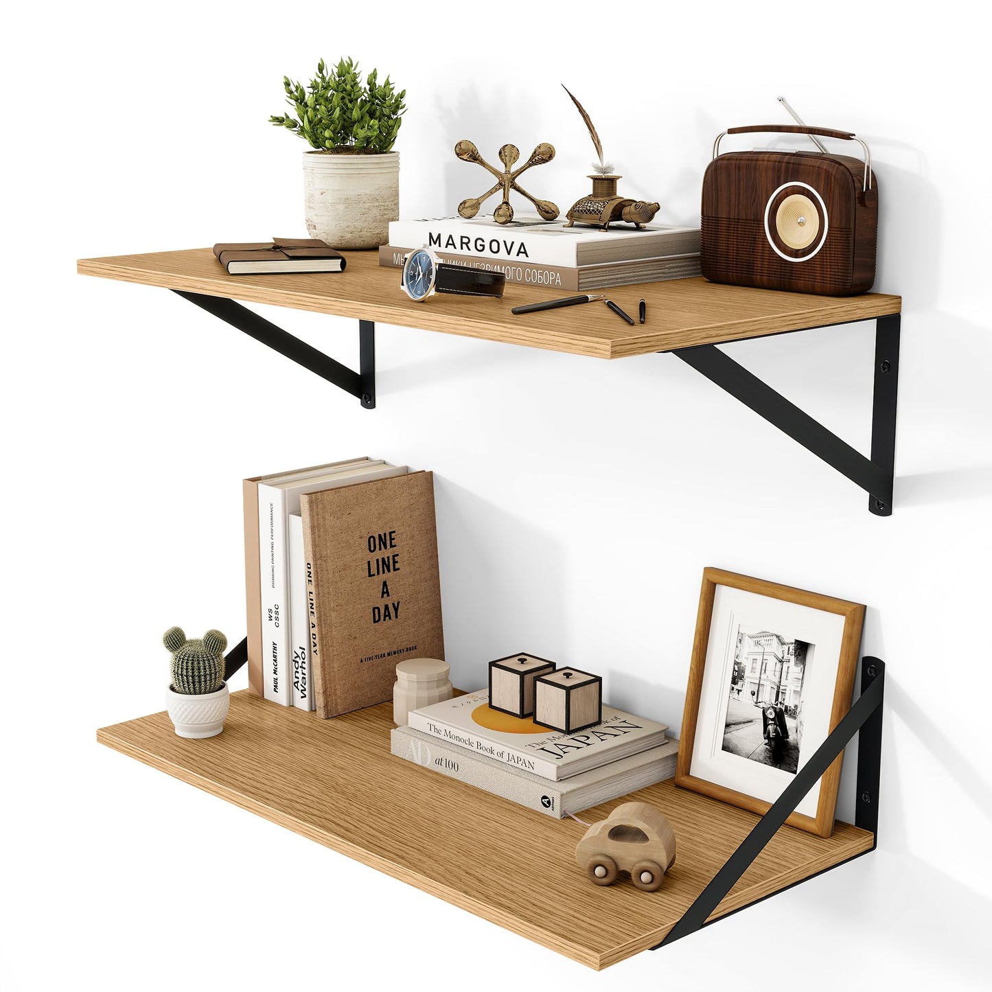 Heimlove 12 Inch Deep Floating Shelves for Wall, 24W x 12D Wood Wall Shelves Set of 2, Rustic Oak Wide Floating Bookshelf for Living Room, Kitchen, Office, Bedroom, with Black Metal Bracke - Oak