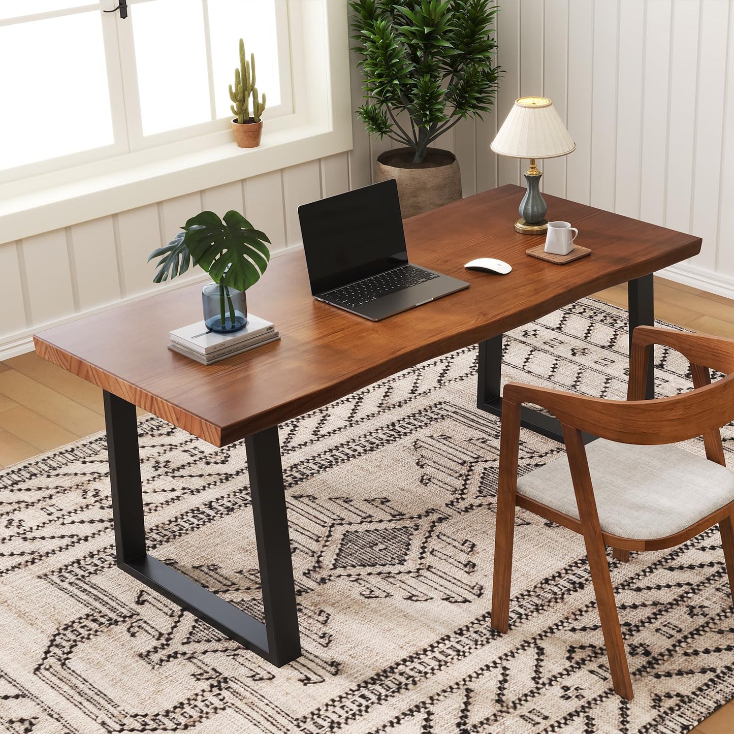 wangbochuan Solid Wood Administrative Computer Desk - Rustic Style Large Office Desk, Modern Minimalist Workstation for Home, Ideal for Learning, Writing, and Professional Use (Dark Yellow, 55.12in)