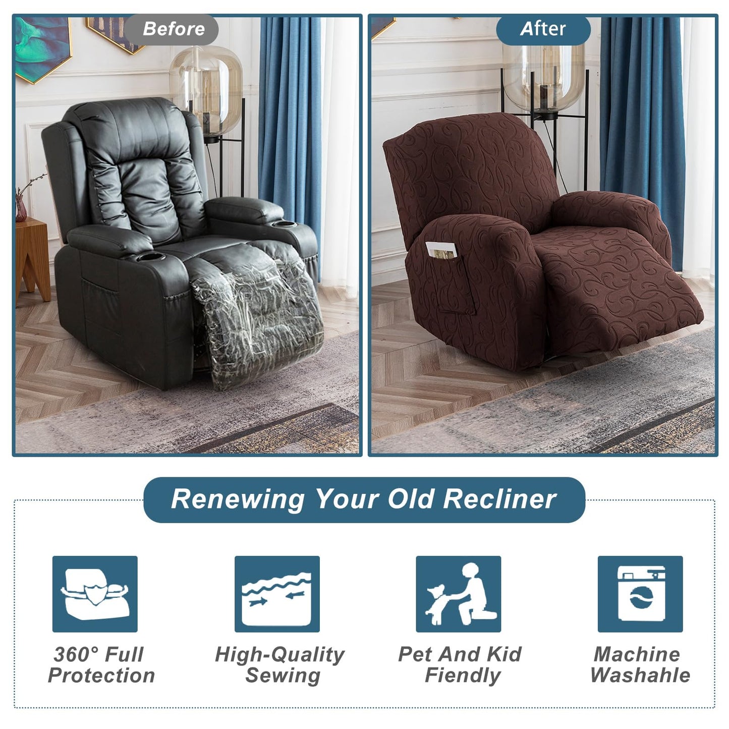YUEANG 4 Pieces Recliner Cover Stretch Sofa Slipcover, Sofa Couch Cover for Reclining Couch 1 Seat, Washable Furniture Protector with Elastic Bottom for Kids, Dog