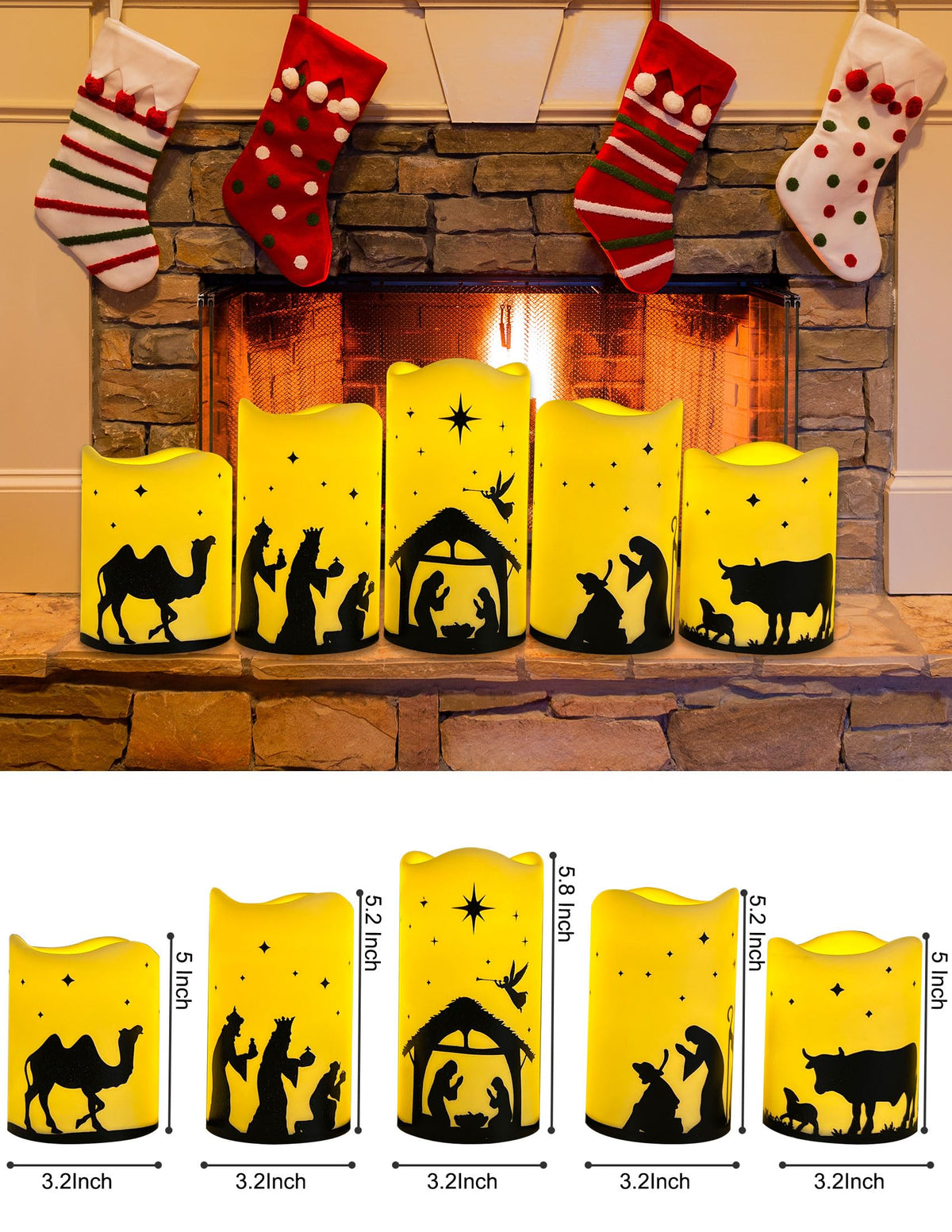 QVAIVE Flameless Christmas Nativity Scene Candles, Pillar Flickering Religion Candle with Timer Remote,Battery Operated LED Fake Candle for Xmas Home Holiday Decor Set of 5