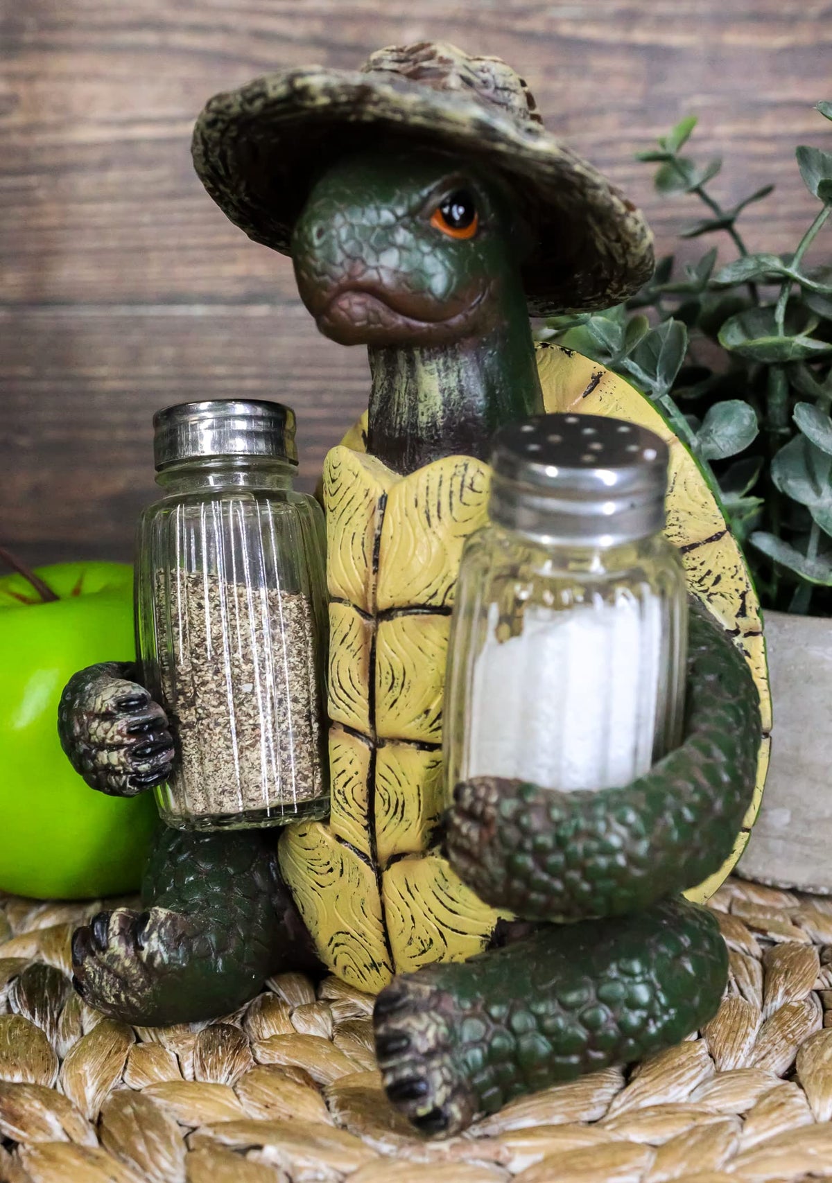 Ebros Slow Seasons Outdoors Camping Turtle With Wicker Hat Salt And Pepper Shakers Holder Figurine 7"H Turtles Tortoise Tortoises Themed Decor Animal Reptile Ocean Nautical Sea River Animal Sculpture