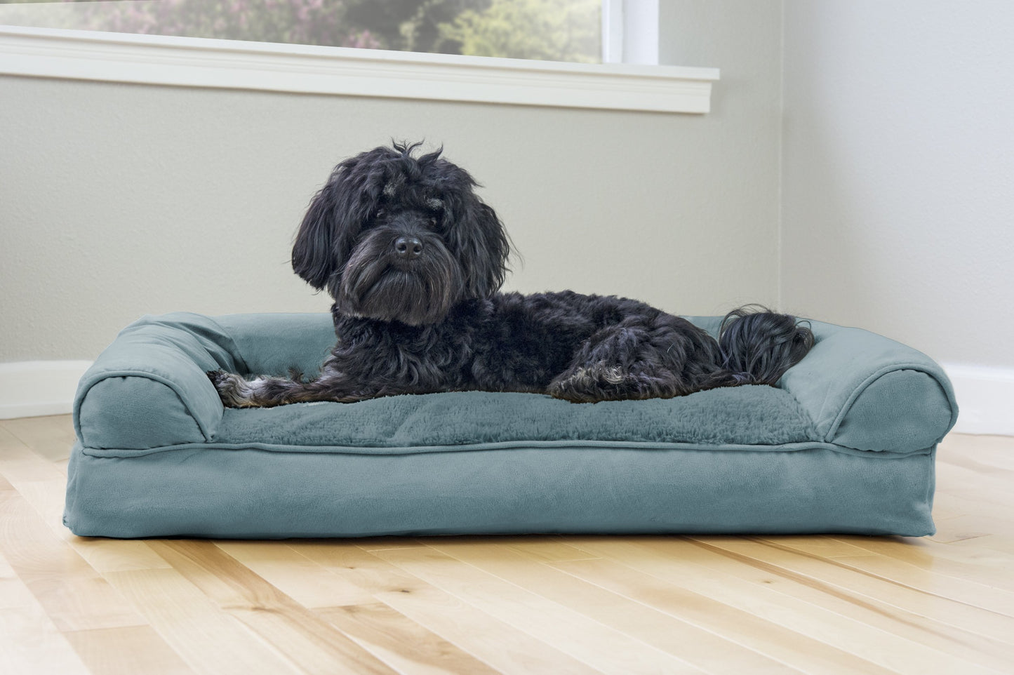 Furhaven Pillow Dog Bed for Medium/Small Dogs w/ Removable Bolsters & Washable Cover - Plush & Suede Sofa - Deep Pool, Medium
