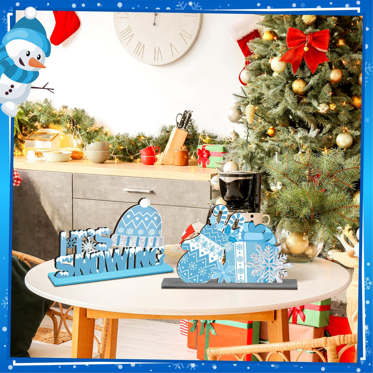 Wonderjune 6 Pcs Winter Wooden Table Decor Snowflake Snowman Wooden Centerpieces Wonderland Decor for Winter It's Snow Theme Xmas Birthday Baby is Cold Outside Party Supplies(Blue)