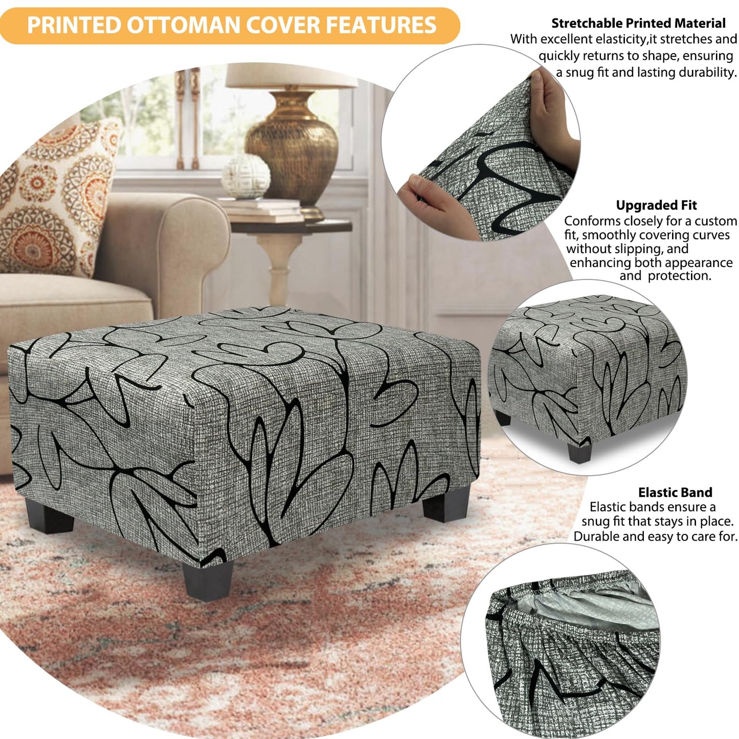 TOPHMDECOR Ottoman Cover Rectangle Printed,Stretch Footstool Slipcover with Elastic Bottom,Soft Fabric Protector for Rectangular Ottoman in Living Room or Bedroom,Medium,Lotus
