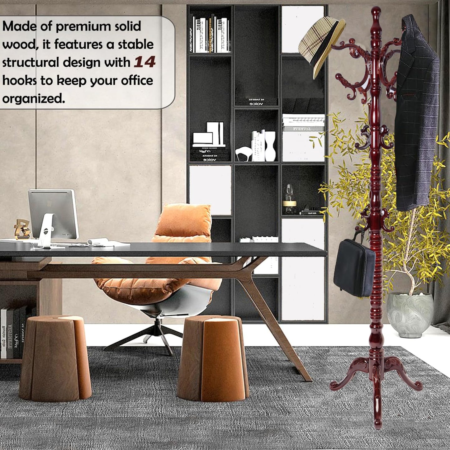 Sauqzoh Coat Racks Free Standing with 14 Hooks, Natural Wood Coat Stands for Entryway, Adjustable Height 73 in Tree Coat Rack Stand for Hallway Home Office Bedroom (Mahogany triangle)
