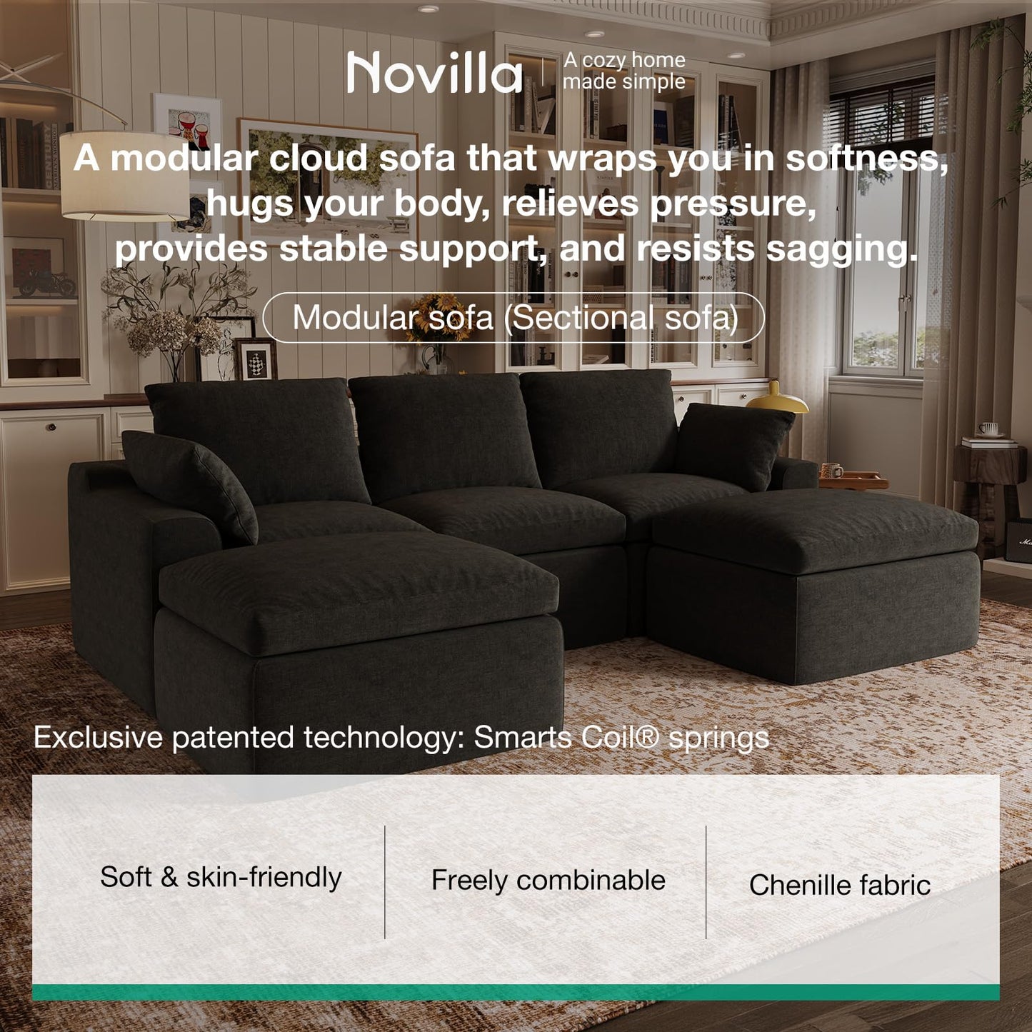 Novilla 133.8" Modular Cloud Couch, Modern Sectional Sofa with Smarts Coil® Support, Chenille Fabric, Upholstered Couch for Living Room Apartments Bedroom, No Assembly, 4 Seater + 2 Ottoman, Dark Grey