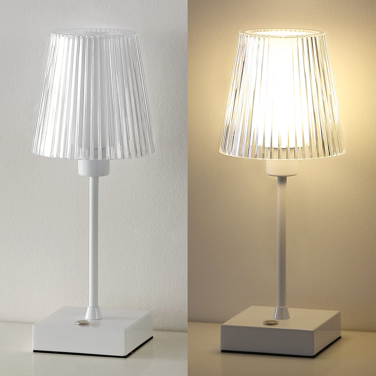 JONATHAN Y 12.5" White Cordless Portable Rechargeable LED Lamp, with Clear Ribbed Acrylic Shade, Touch Dimmable Modern Industrial Mini Accent Lamp for Bar Vanity (JYL7225B)