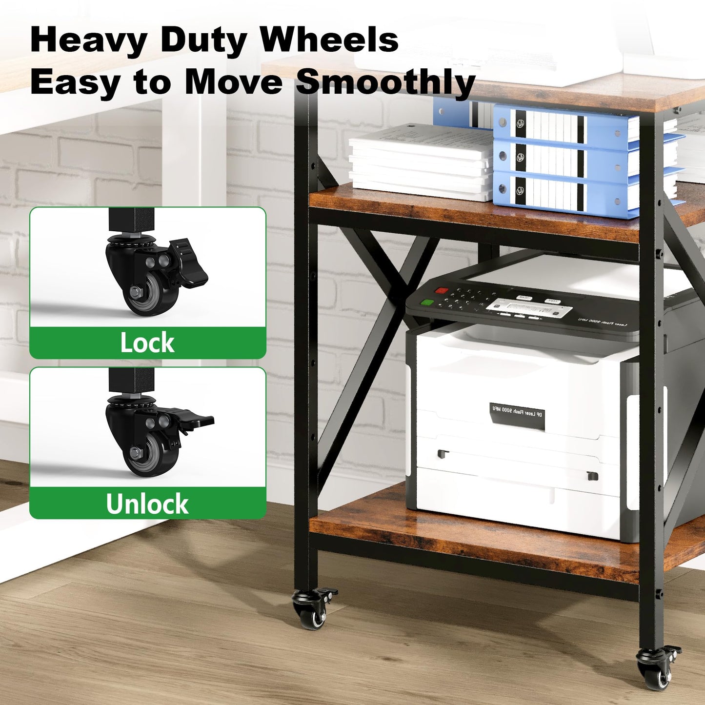 Ollieroo 3 Tier Printer Stand, Large Table with Wheels, Rolling Cart with Height Adjustable Middle Storage Shelf, 23.6 x 23.6 x 30.3 Inches Shelf for Home Office, Vintage Brown