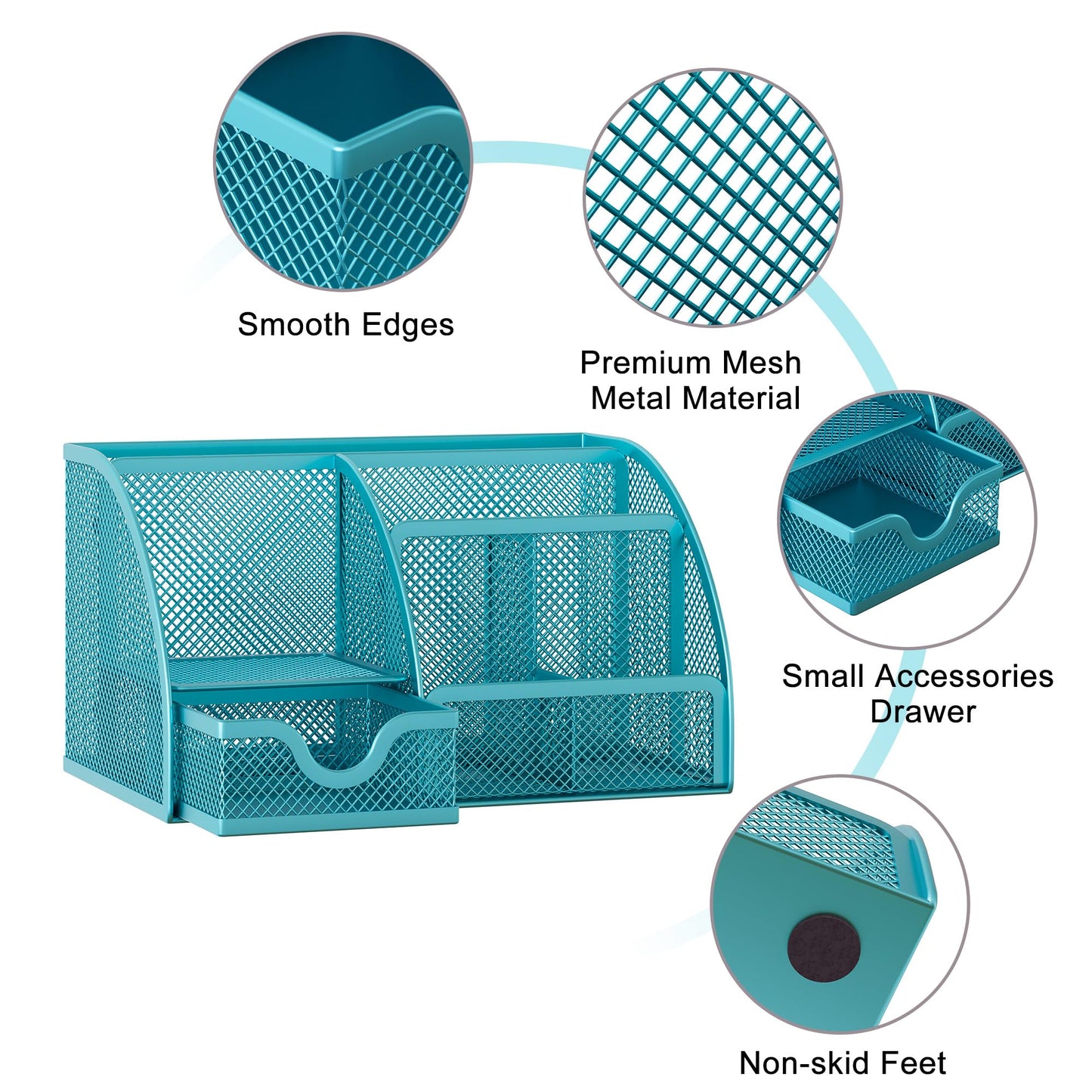 EasyPAG Mesh Desk Organizer with Drawer Multi-functional Pen Holder Stationery Organizer for Office School Supplies 6 Compartments Dorm Organizers and Storage for Desk, Blue