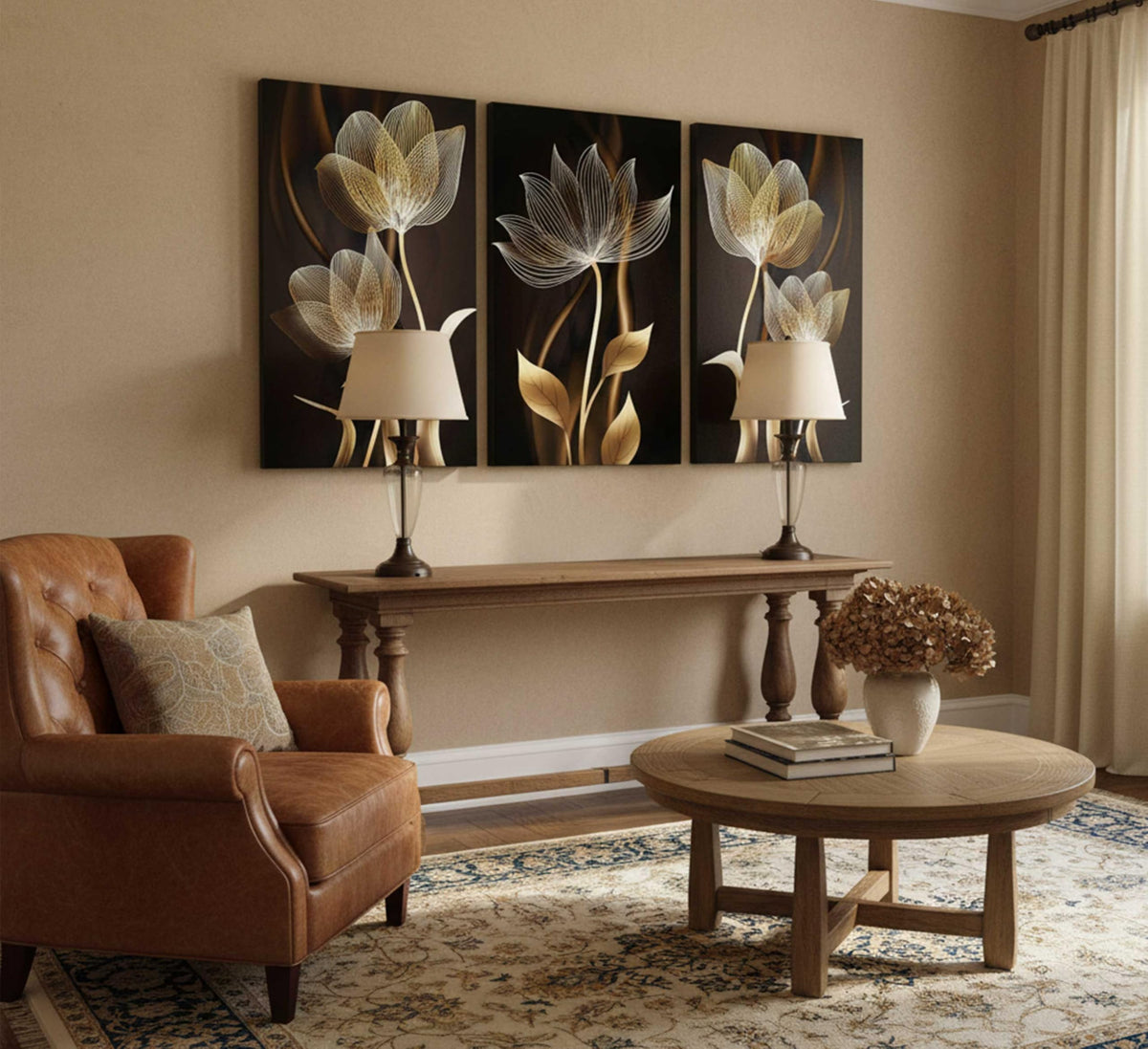 3 Pieces Modern Abstract Brown Flowers Canvas Wall Art Minimalism Black and Gold Floral Painting Pictures Luxury Wall Decor Posters Print Artwork for living room Office Bedroom Home Decoration