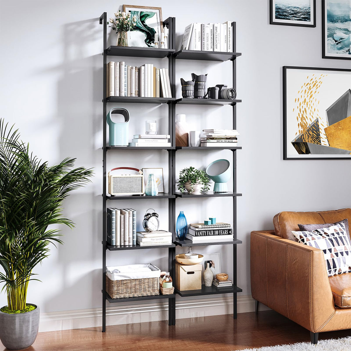 ODK 6-Tier Ladder Shelf, Book Shelf with Metal Frame, Bookcase for Living Room, Home Office, Kitchen & Bedroom, Space Saving Freestanding Organizer Rack, Black (10" D x 24" W x 87" H)
