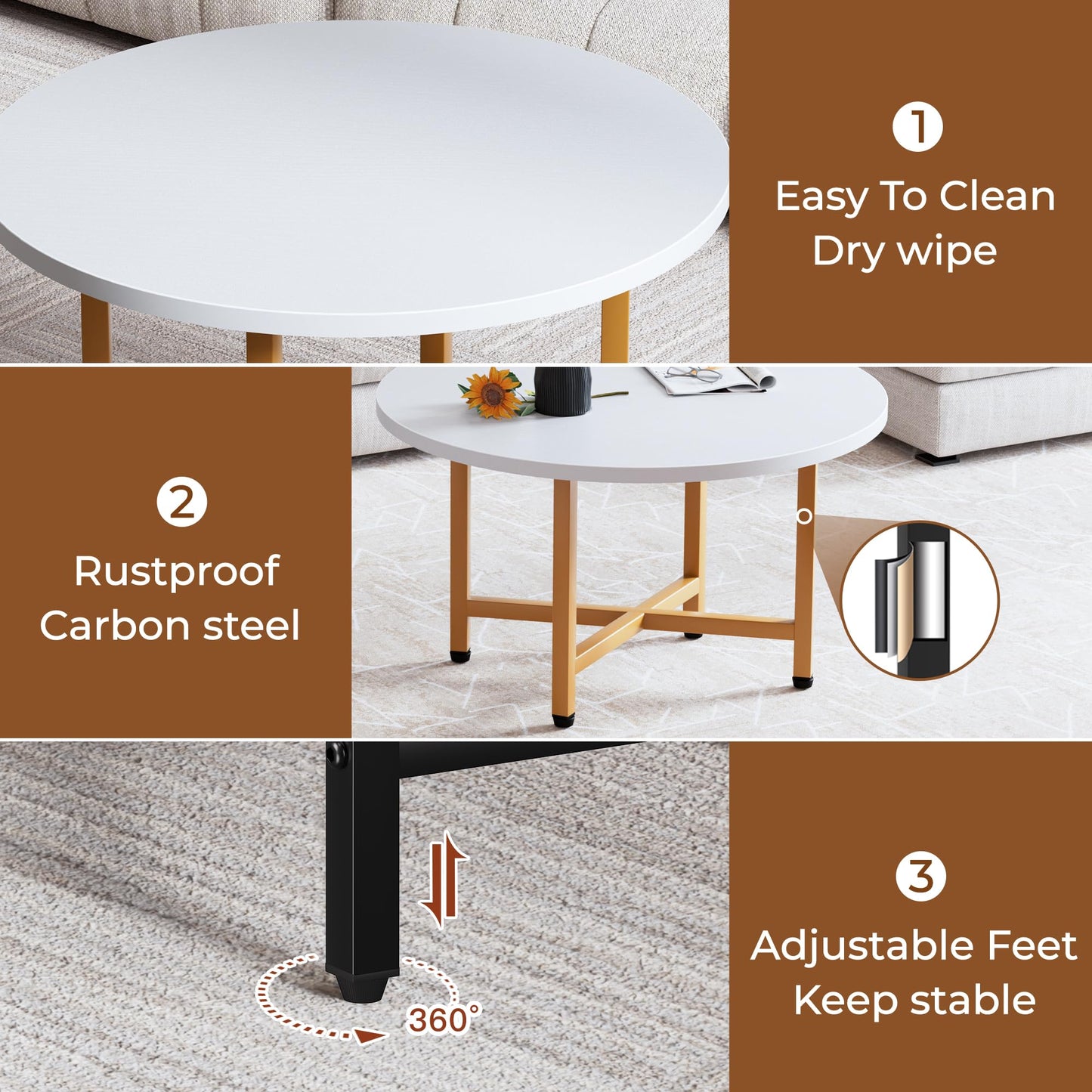 FURMORENE Coffee Table, 23.6" Small Coffee Tables, Gray Round Coffee Tables for Living Room, Floor Table for Sitting on The Floor, Center Coffee Table with Metal Frame for Office Apartment Home, Gold