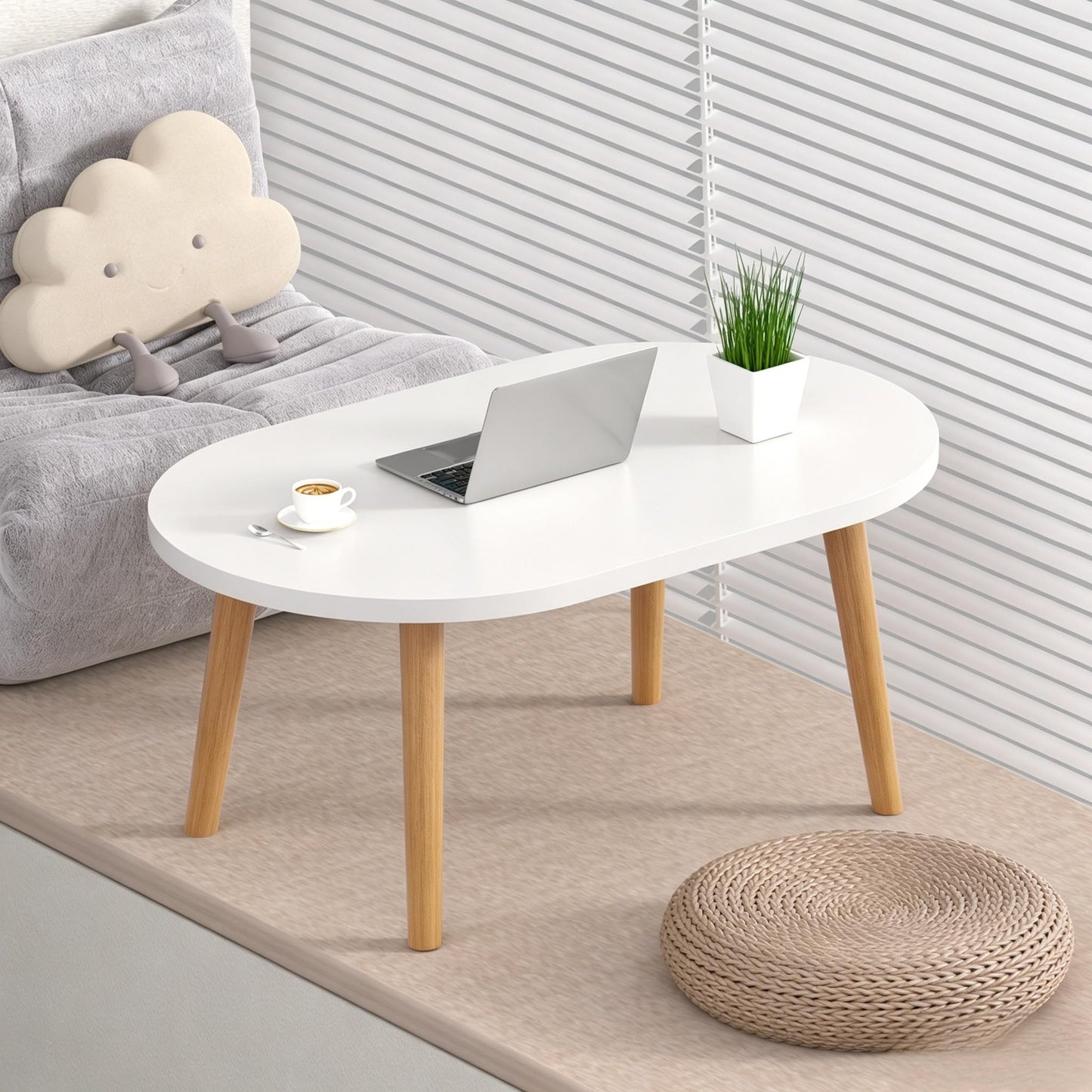 FAMIDGE Coffee Table, 23.6" Small Oval Coffee Tables for Small Space with 4 Solid Wood Leg, Floor Table Desk for Sitting on The Floor, Side Table Japanese Low Table for Living Room Apartment, White