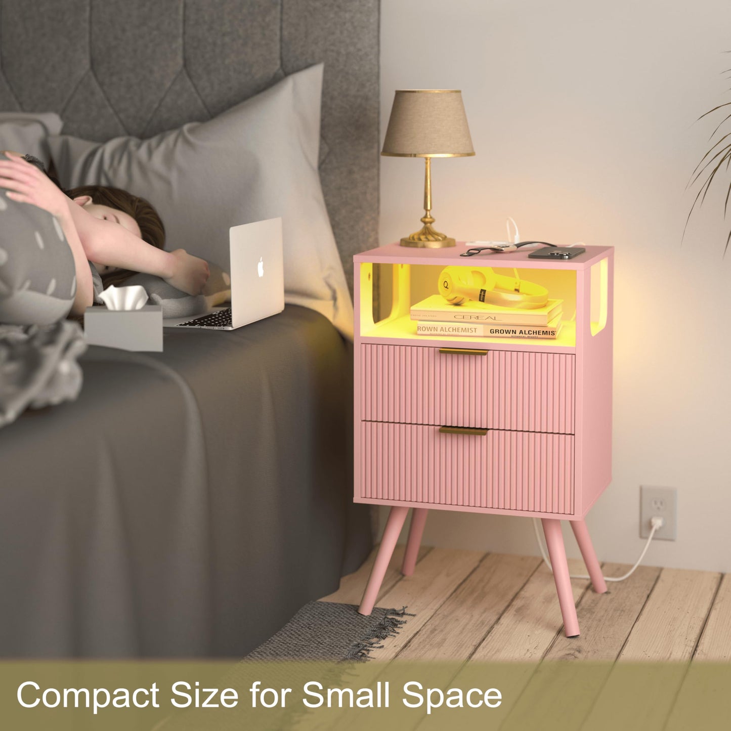 JOONEE Pink Nightstand with Charging Station and LED Lights,Modern Bedside Table with 2 Storage Drawer and Open Wood Shelf, for Bedroom and Small Spaces,Night Stand with Solid Wood Legs,Pink