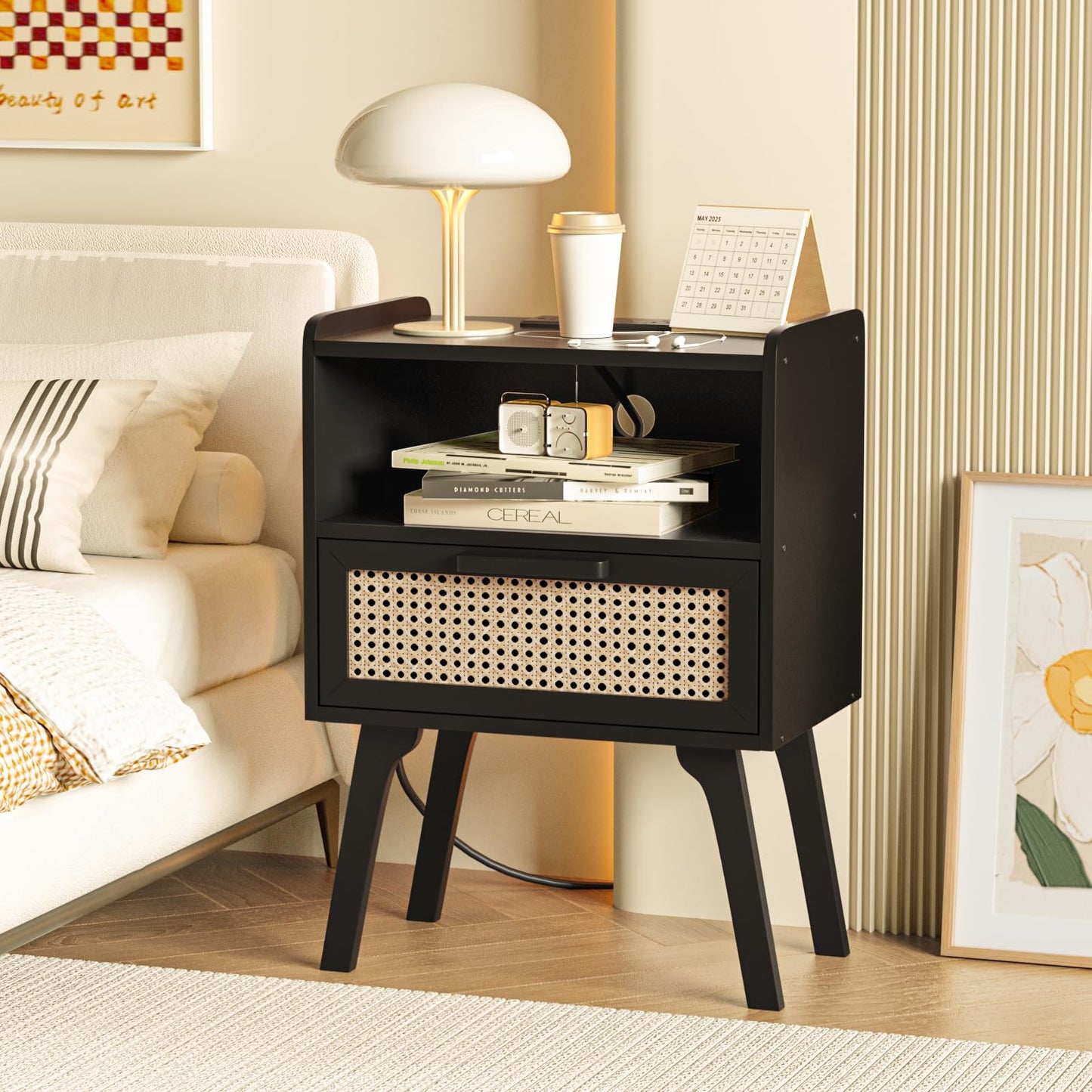 Lerliuo Rattan Nightstand with Charging Station, Black Bedside Table with Drawer Open Shelf, Cane Accent Side End Table with Solid Wood Legs, Night Stand for Bedroom, Dorm and Small Spaces