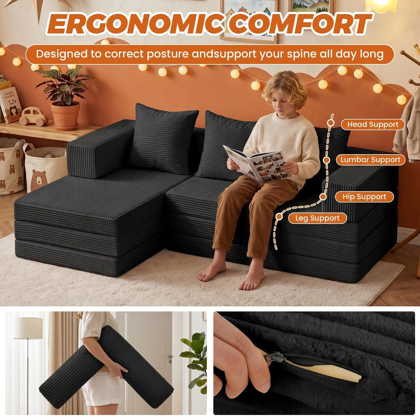 6-in-1 Boneless Couches Modular Sectional Sofa | Cloud Couch Sectional & Tri-Folding Mattress | Corduroy Pet-Friendly Convertible Sofa Bed with 800LB Capacity Living Room, Apartment, Guest Room