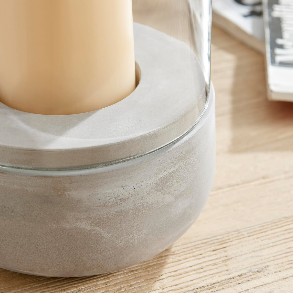 Danya B. Modern Cool Gray Cement Base and Glass Pillar Hurricane Candle Holder (Small)