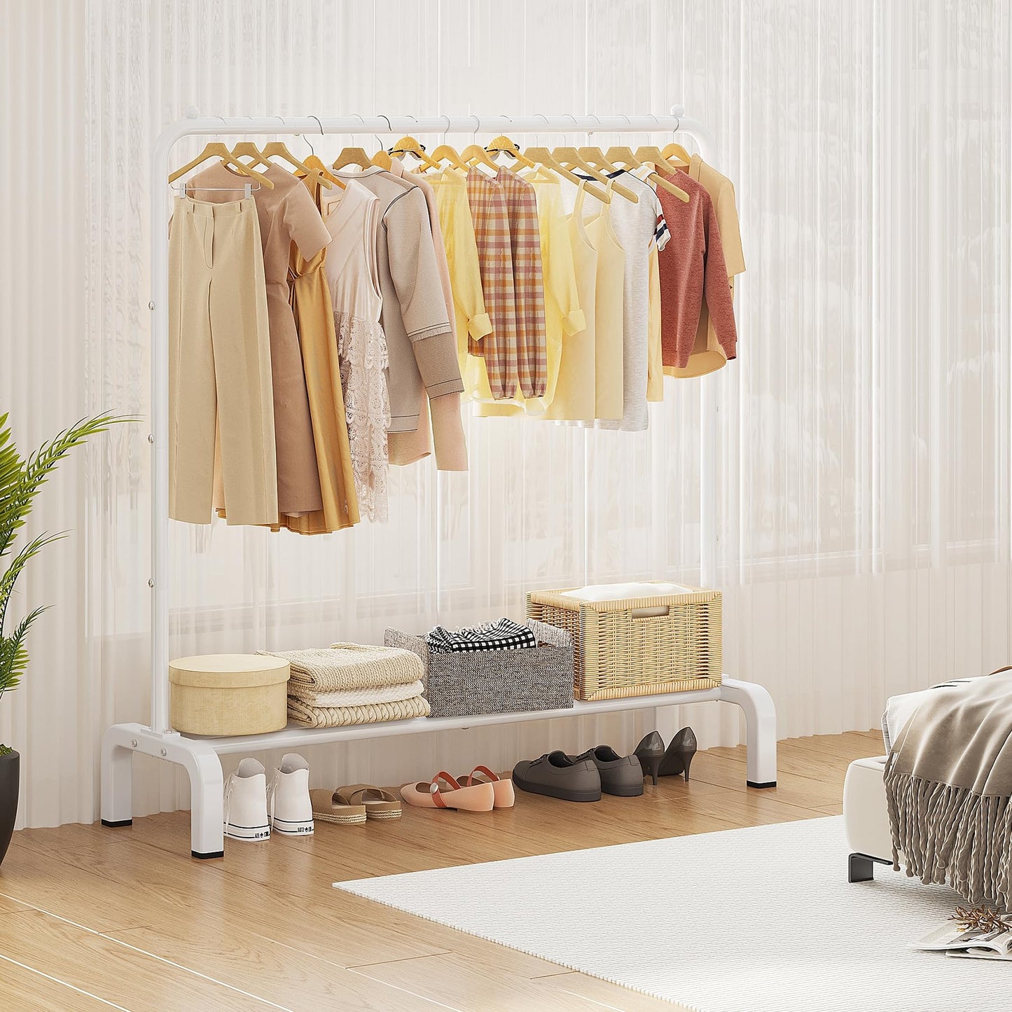 JIUYOTREE Metal Clothing Rack, 43.3 Inches Clothes Garment Coat Rack with Bottom Shelf for Hanging Skirts, Shirts, Sweaters, White