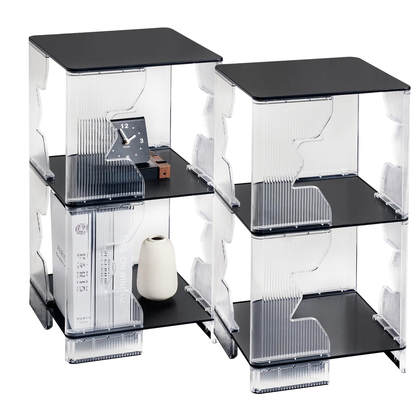 MUKAI Side Tables Set of 2 End Table with 3 Storage Shelve Transparent Bedside Simplicity Clear 3-Tier Nightstands Small Spaces lockers Office Bedroom Living Room Study Transparent