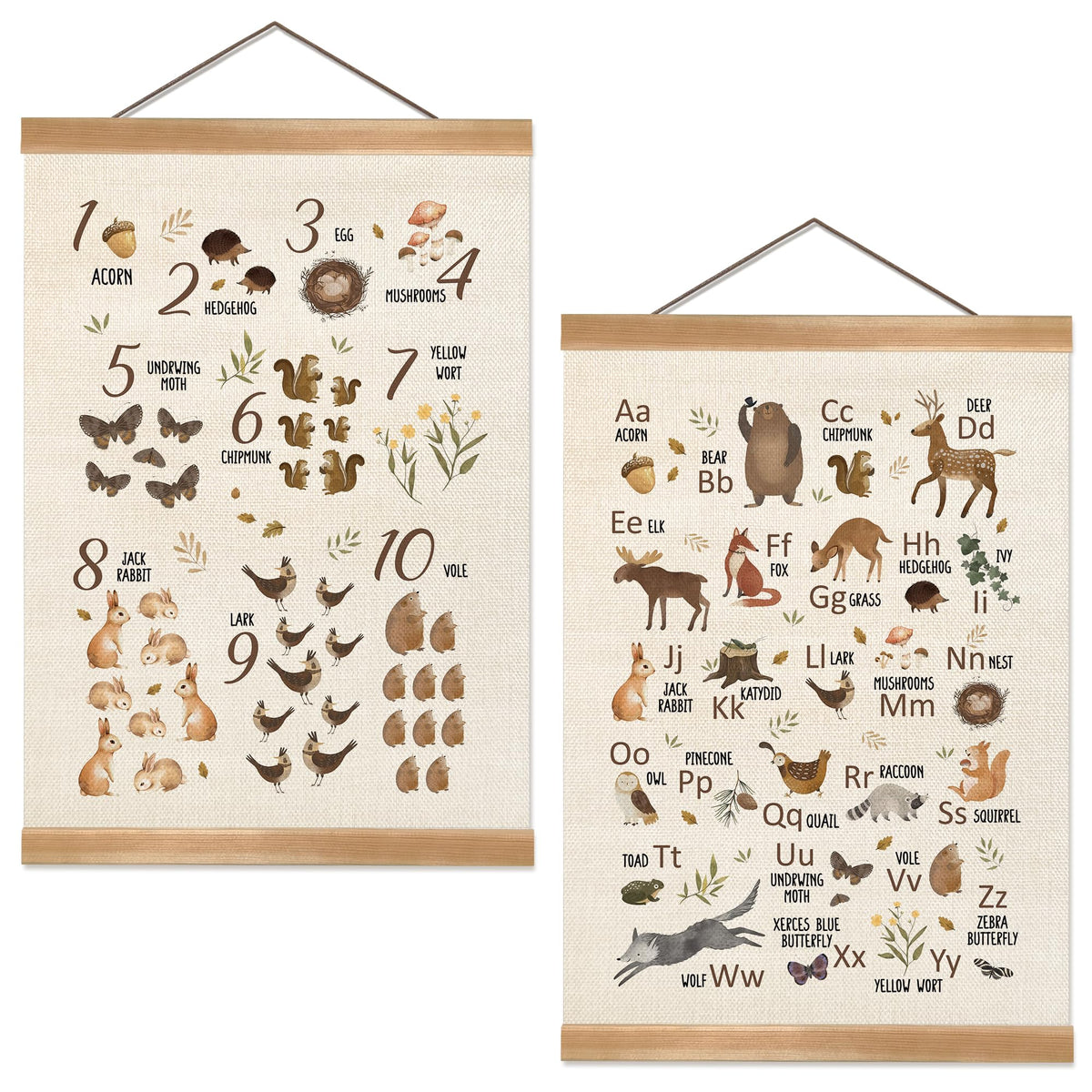 Animal Alphabet Numbers Poster Set of 2, Children's Room Wall Art, ABC&123 Banner Poster, Letter Numbers Banner Wall Hanging Decor for Toddler Room Playroom Nursery Classroom 12x16inch (Forest animal)
