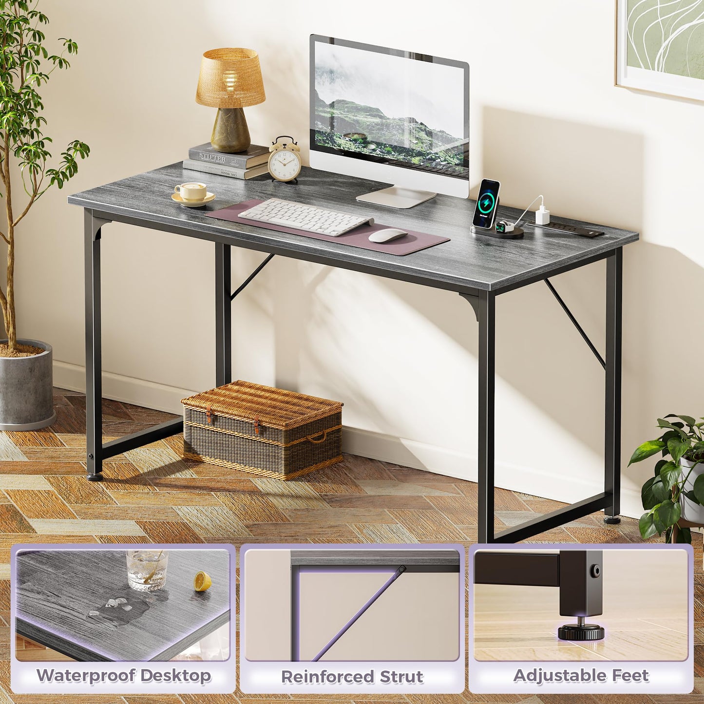 PRAISUN 47 X 20 Inch Office Computer Desk with Power Outlets and USB-C Port, Larger Gaming Desk, for Home Office, Study, Bedroom, Writing Work from Home Table, Metal Frame, Grey