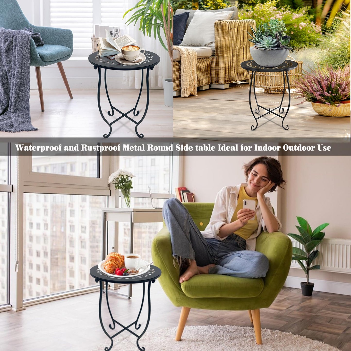 Round Side Table, 1 Pack 14 Inch Bedside Table for Living Room, Bedroom, Weather Resistant Black Metal Outdoor Side Table for Patio Balcony Yard Porch Garden, Plant Stand for Indoor Outdoor Use