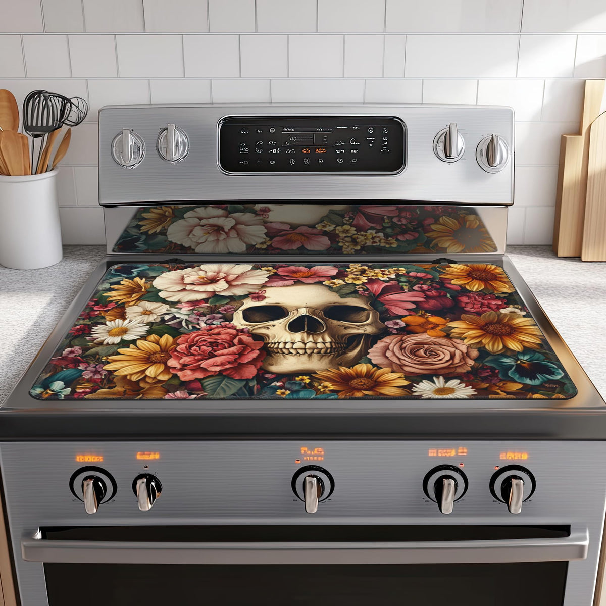 Decorative Electric Stove Cover - Gothic Skull Flower Design, Non-Slip Heat Resistant Protector for Smooth/Glass Top Stoves, Fits 28.5'' x 20.5'' (Not for Gas or Coil)